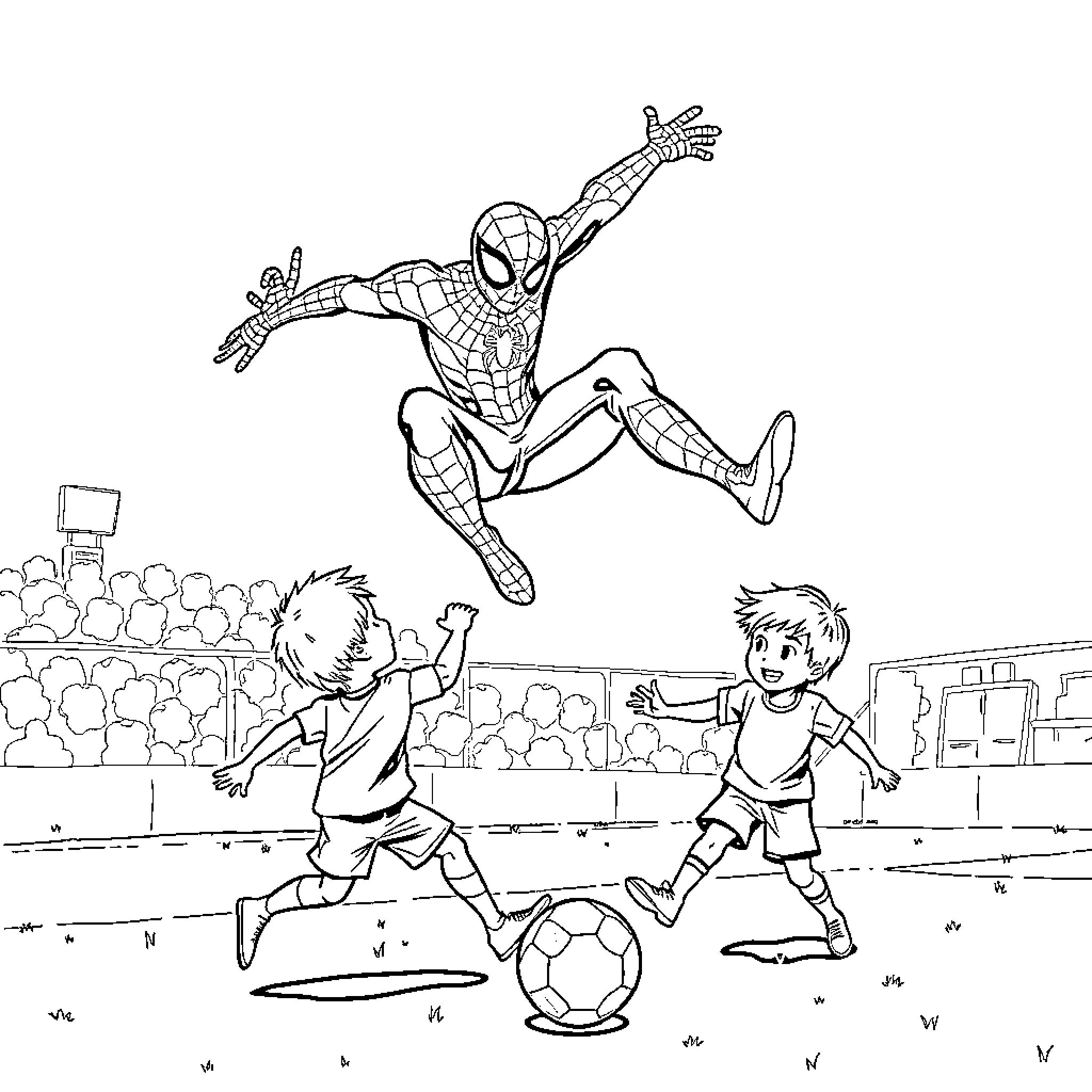Spiderman leaping over children playing soccer Coloring Page (free black-and-white line drawing printable PDF for all, from beginners to advanced learners, including children, teens, adults, and seniors)