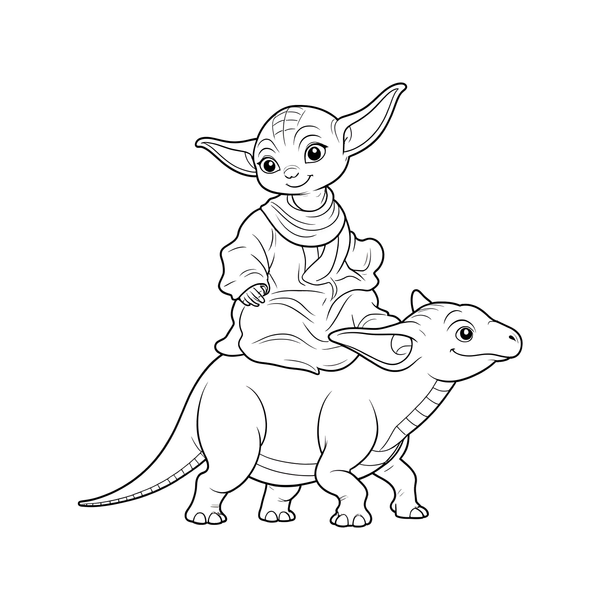 Yoda riding a friendly dinosaur Coloring Page (free black-and-white line drawing printable PDF for all, from beginners to advanced learners, including children, teens, adults, and seniors)