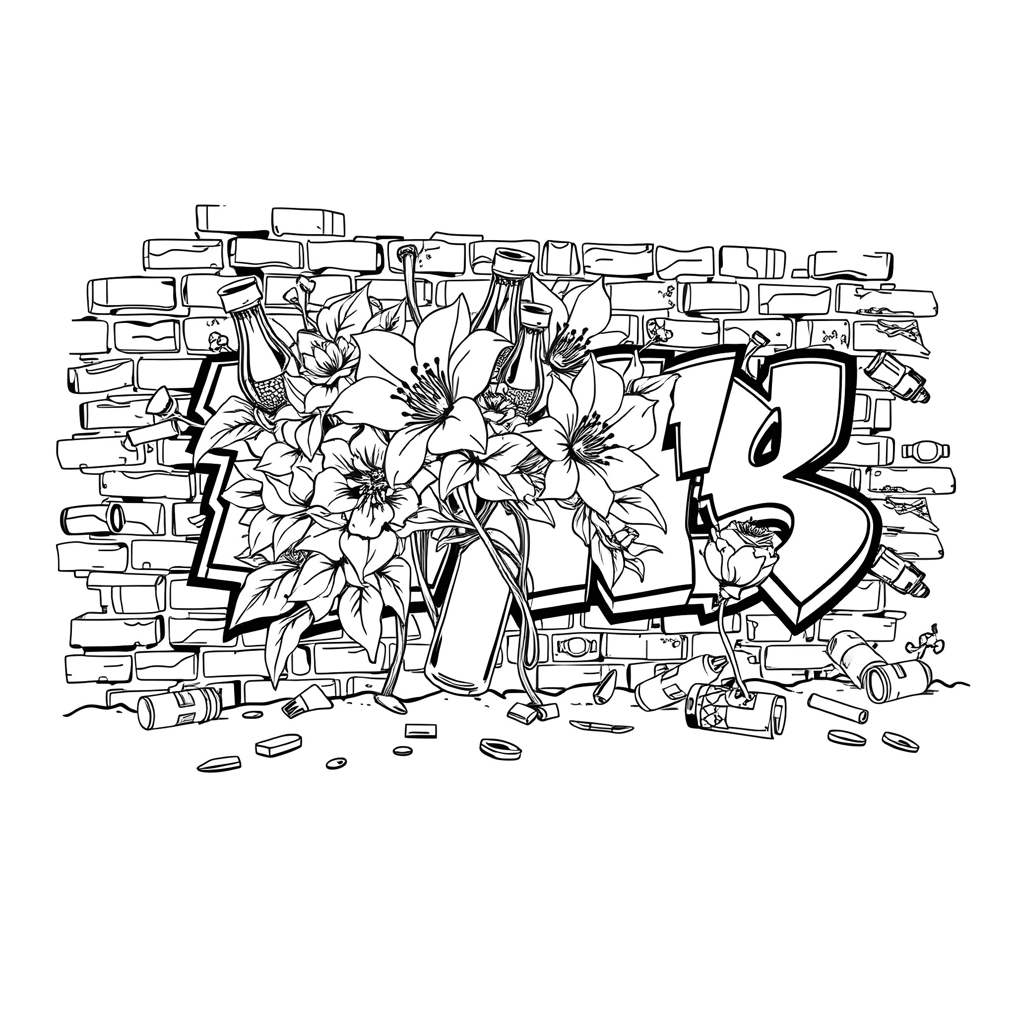 Graffiti flowers bursting through crumbling brick wall Coloring Page (free black-and-white line drawing printable PDF for all, from beginners to advanced learners, including children, teens, adults, and seniors)