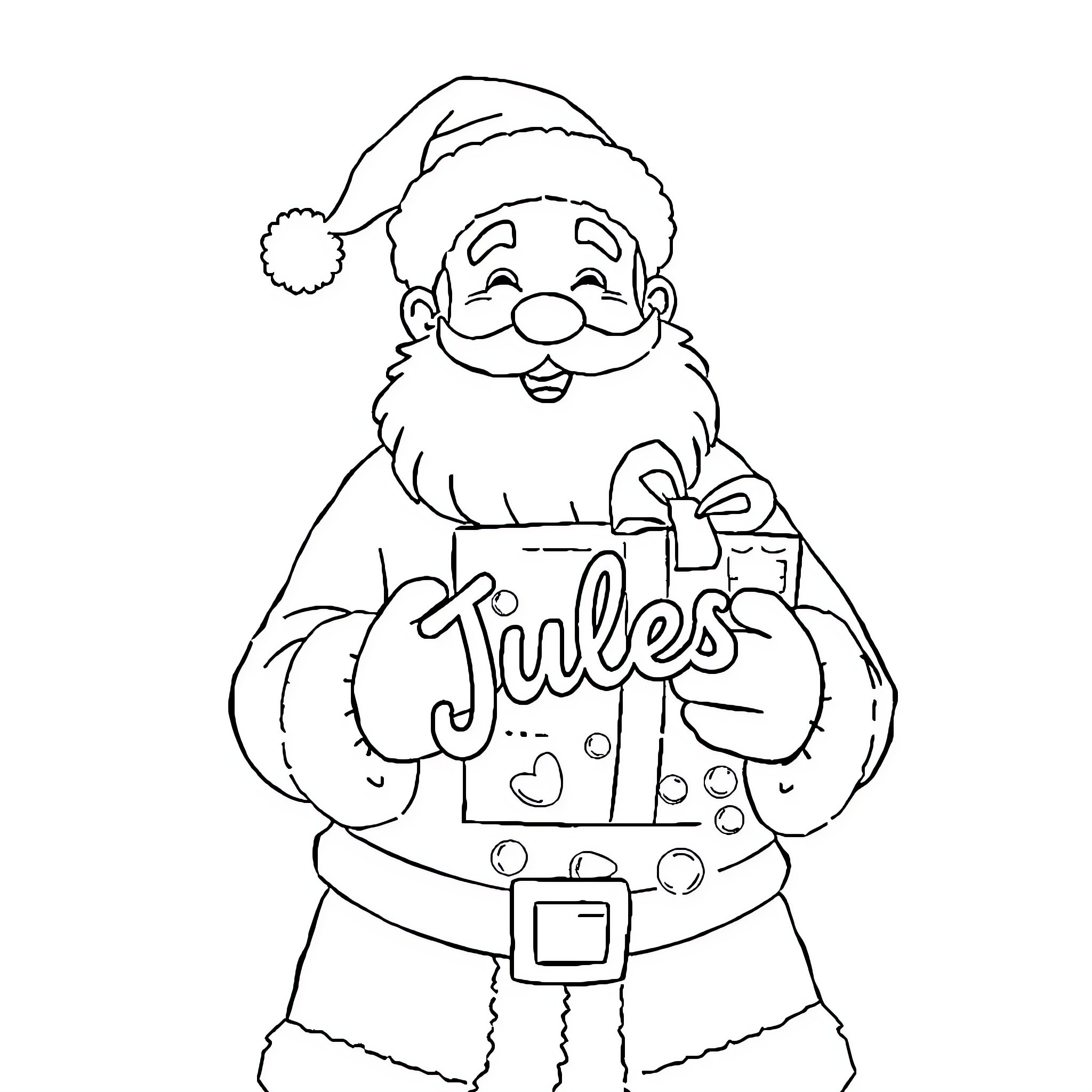 Père Noël Holding a Gift Box Coloring Page (free black-and-white line drawing printable PDF for all, from beginners to advanced learners, including children, teens, adults, and seniors)