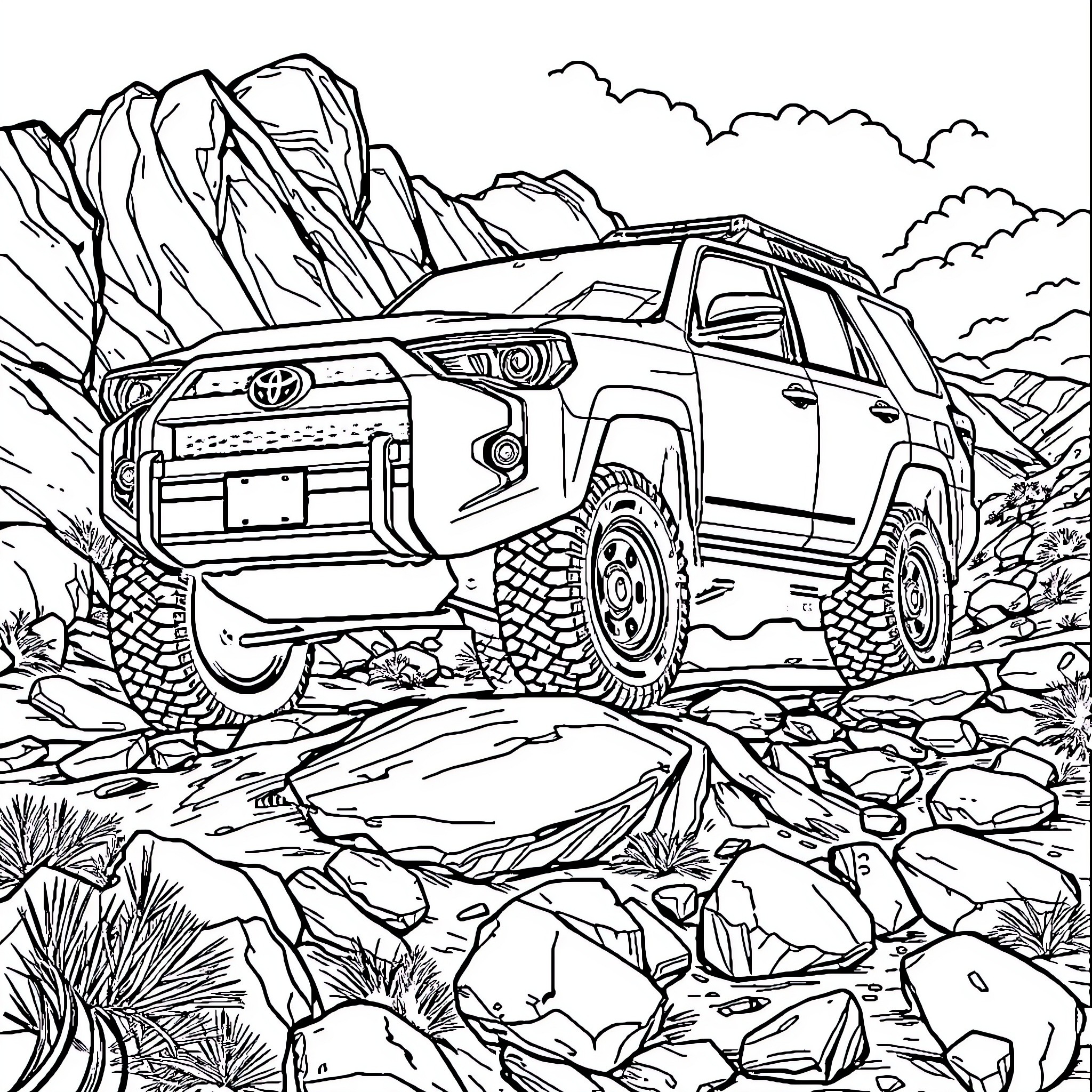 Toyota 4Runner traversing rugged mountain terrain Coloring Page (free black-and-white line drawing printable PDF for all, from beginners to advanced learners, including children, teens, adults, and seniors)