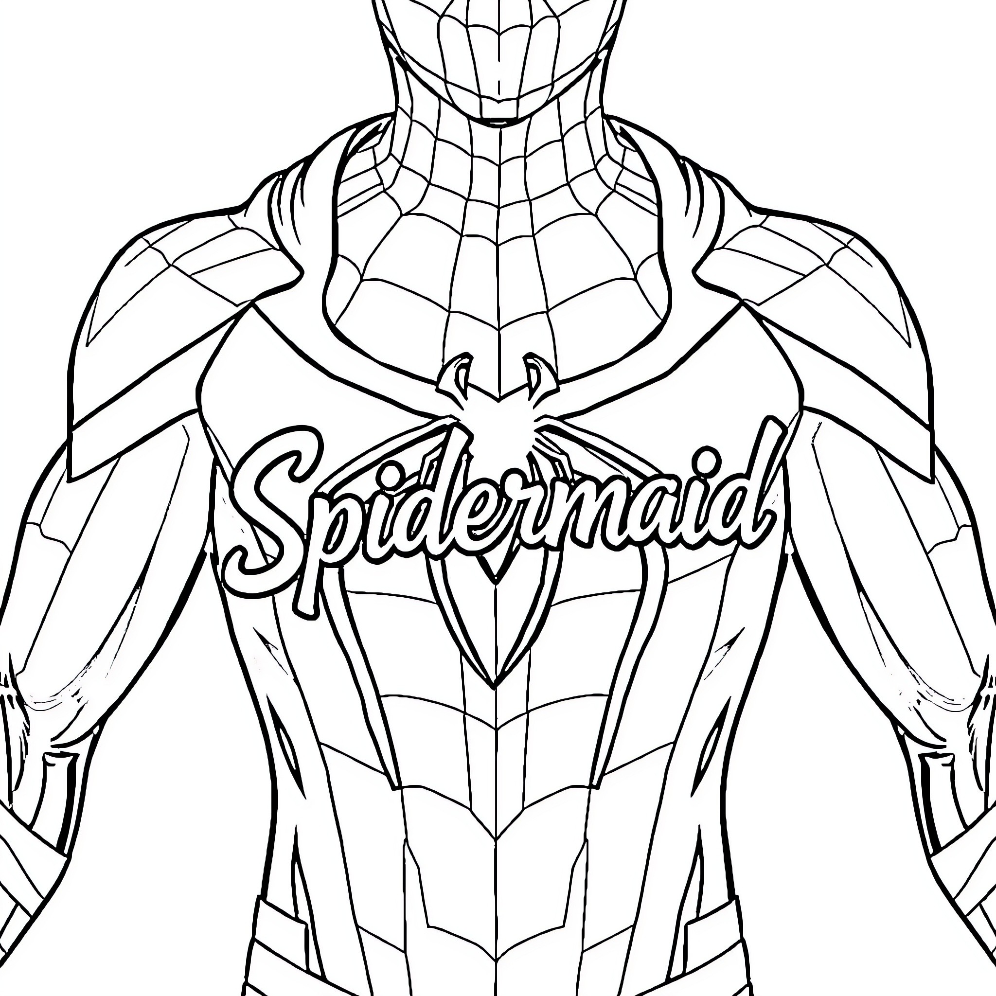 Spidermaid in heroic pose with web-like suit Coloring Page (free black-and-white line drawing printable PDF for all, from beginners to advanced learners, including children, teens, adults, and seniors)