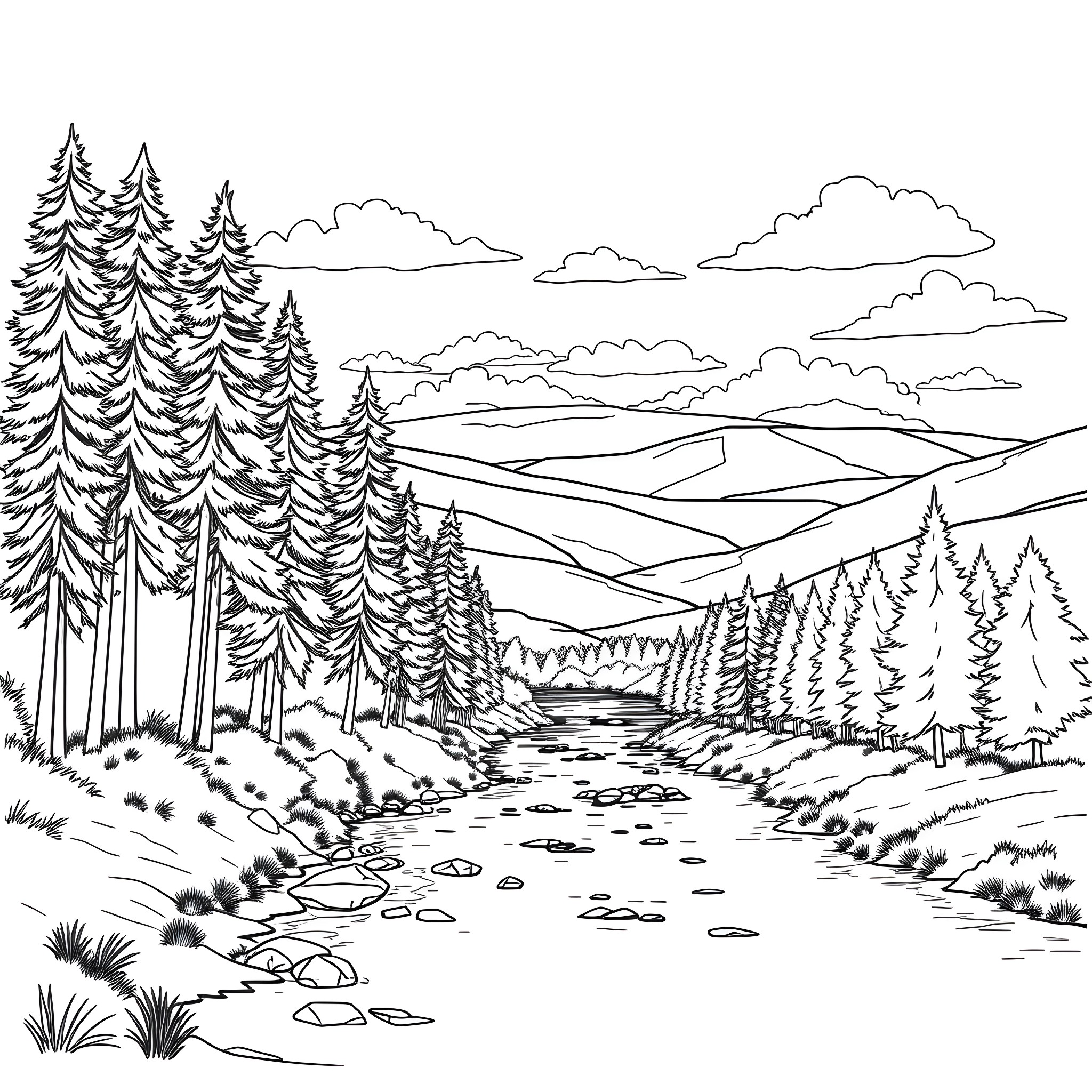 Outdoor Scenic Mountain Landscape with Pine Trees Coloring Page (free black-and-white line drawing printable PDF for all, from beginners to advanced learners, including children, teens, adults, and seniors)
