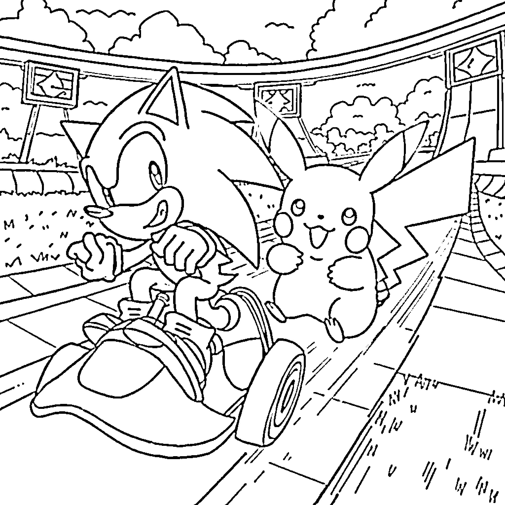 Sonic and Pikachu racing through an adventure-filled scene Coloring Page (free black-and-white line drawing printable PDF for all, from beginners to advanced learners, including children, teens, adults, and seniors)