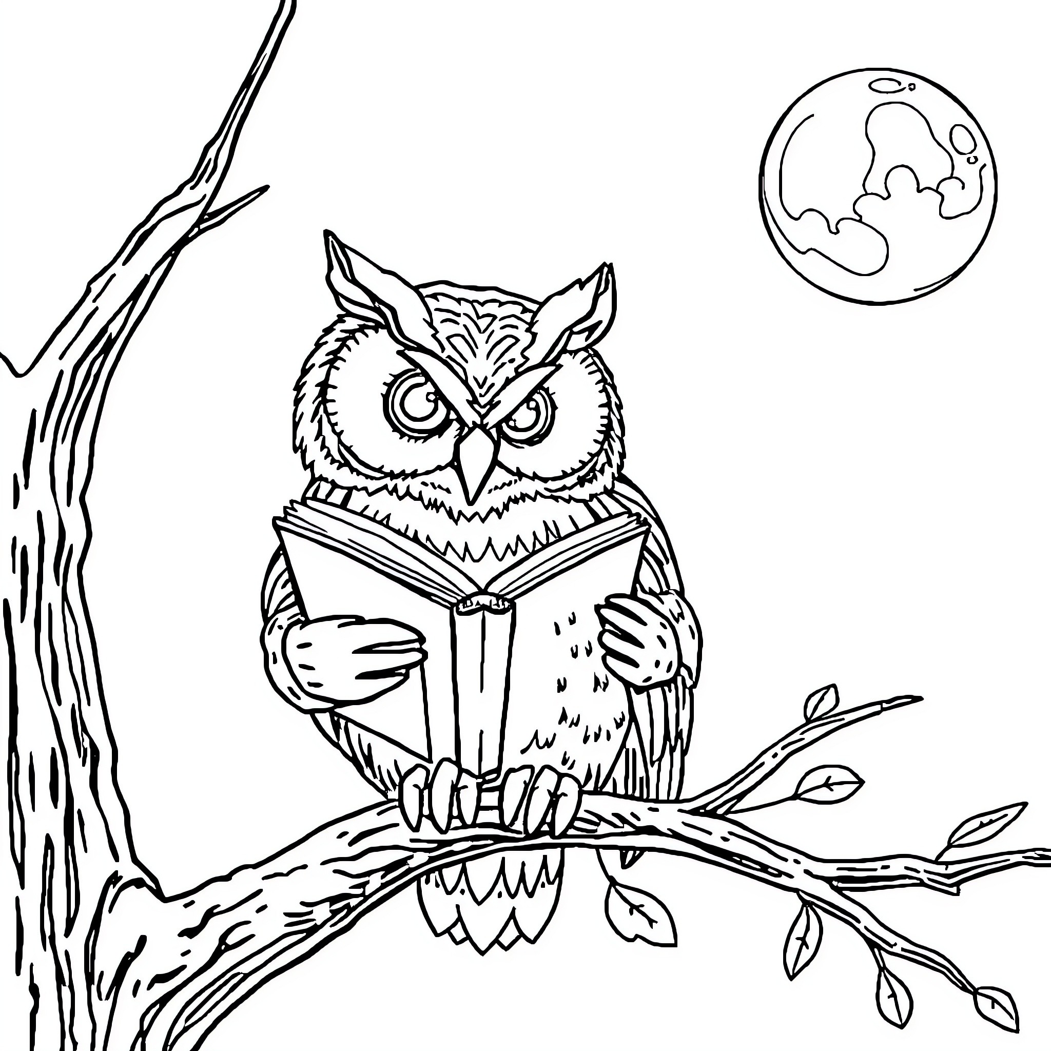 Owl reading a book under the moon Coloring Page (free black-and-white line drawing printable PDF for all, from beginners to advanced learners, including children, teens, adults, and seniors)
