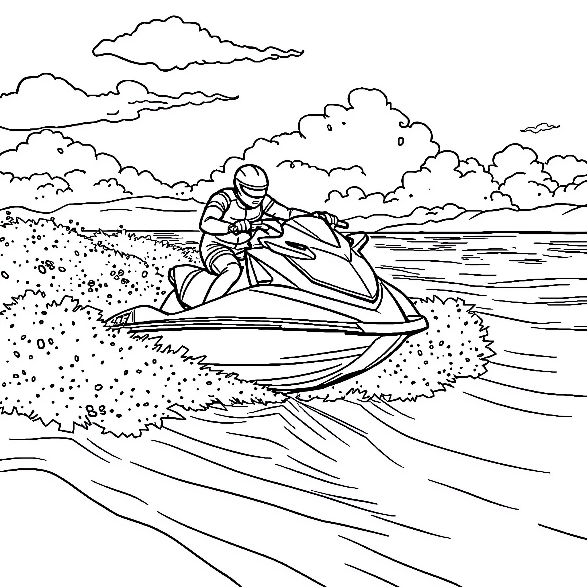 Jet Ski speeding across the waves Coloring Page (free black-and-white line drawing printable PDF for all, from beginners to advanced learners, including children, teens, adults, and seniors)