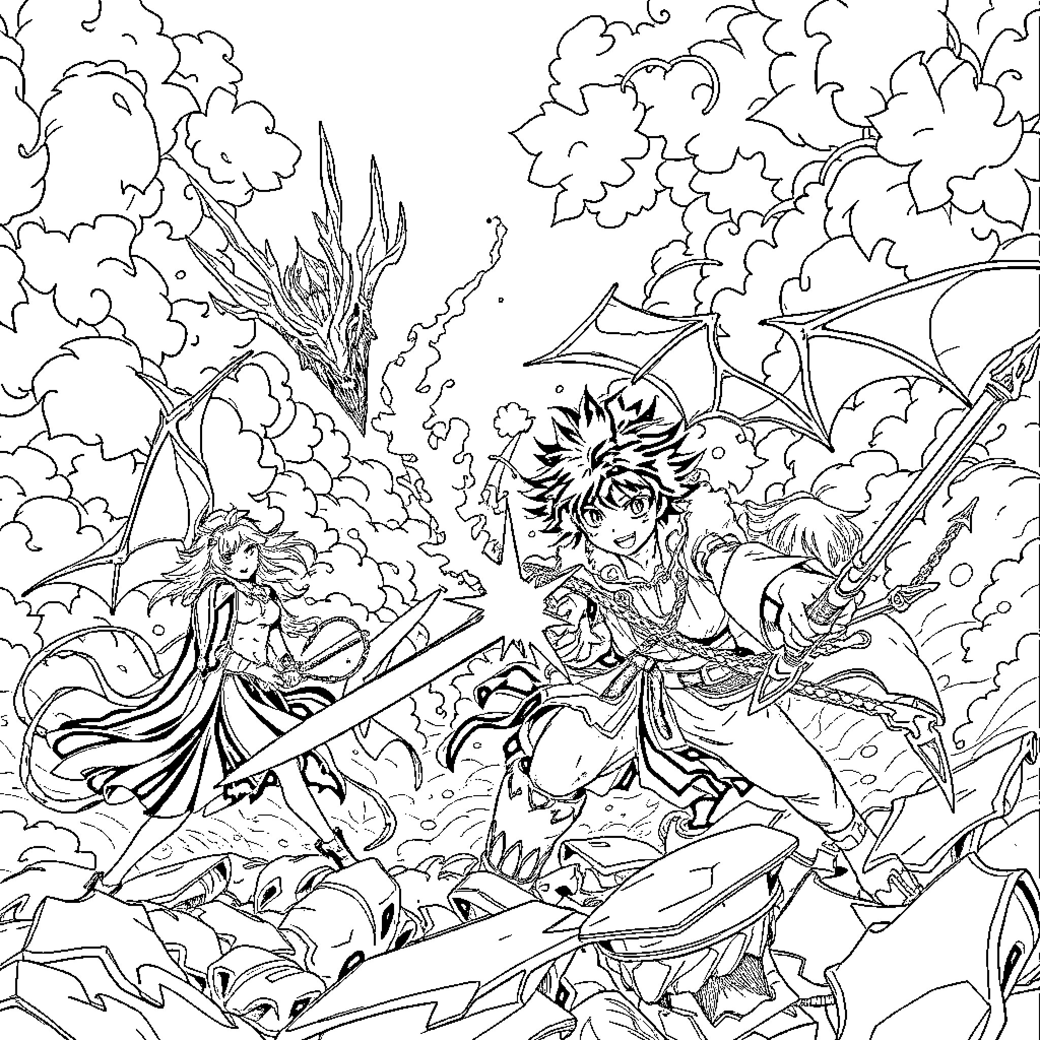 Demon Slayer Protagonist Engaged in Intense Battle Coloring Page (free black-and-white line drawing printable PDF for all, from beginners to advanced learners, including children, teens, adults, and seniors)