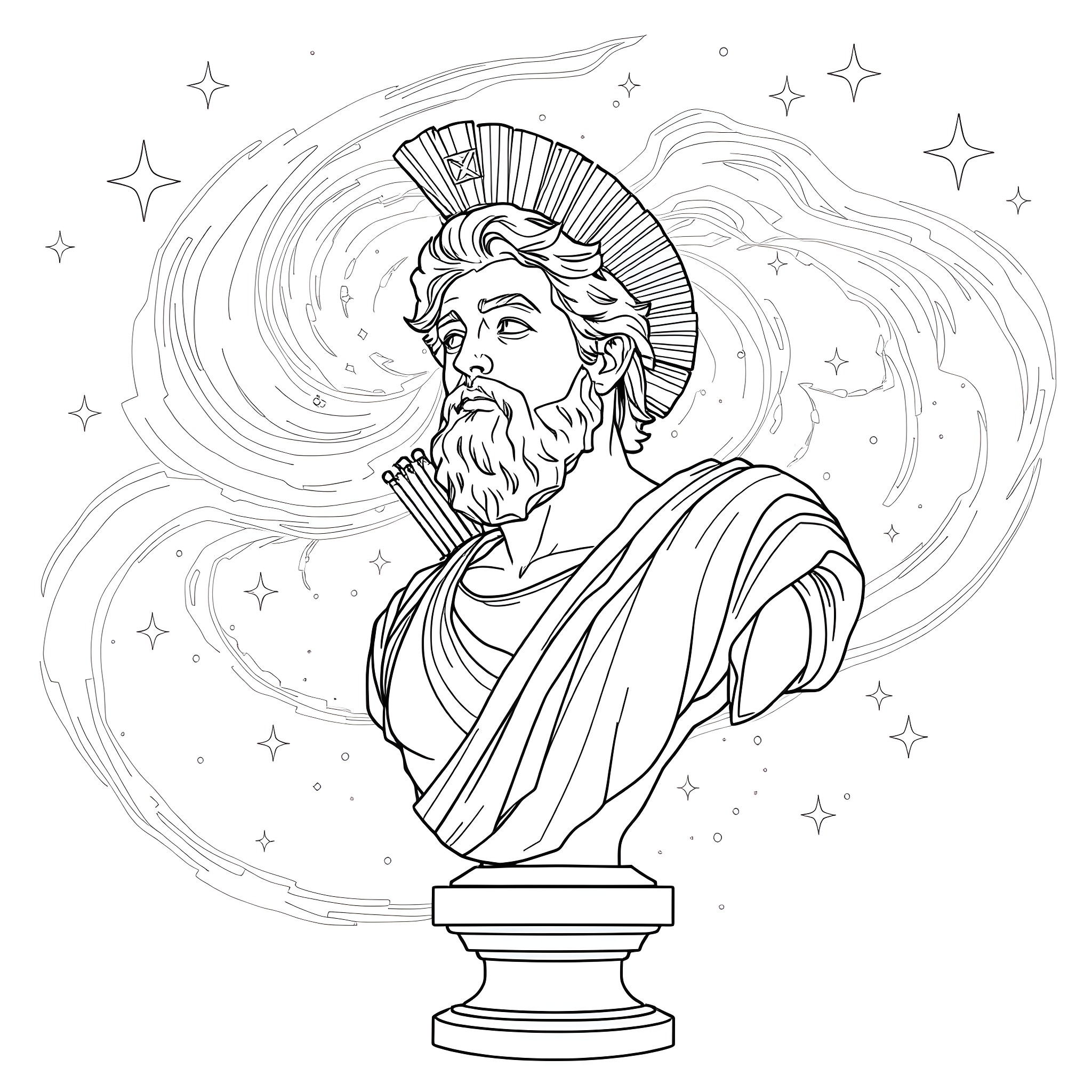 Archer contemplating the cosmos with a regal pose Coloring Page (free black-and-white line drawing printable PDF for all, from beginners to advanced learners, including children, teens, adults, and seniors)