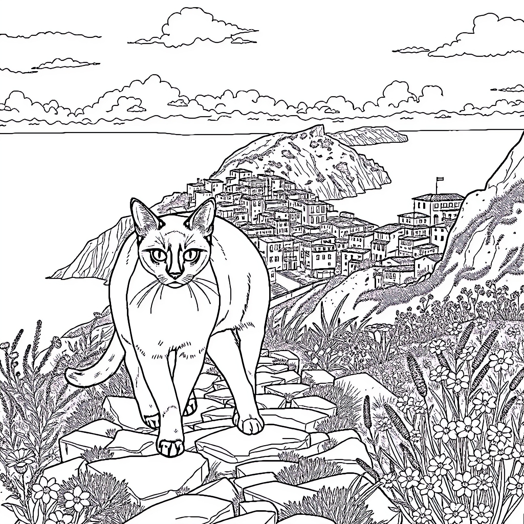 Siamese Cat exploring a scenic mountain village Coloring Page (free black-and-white line drawing printable PDF for all, from beginners to advanced learners, including children, teens, adults, and seniors)