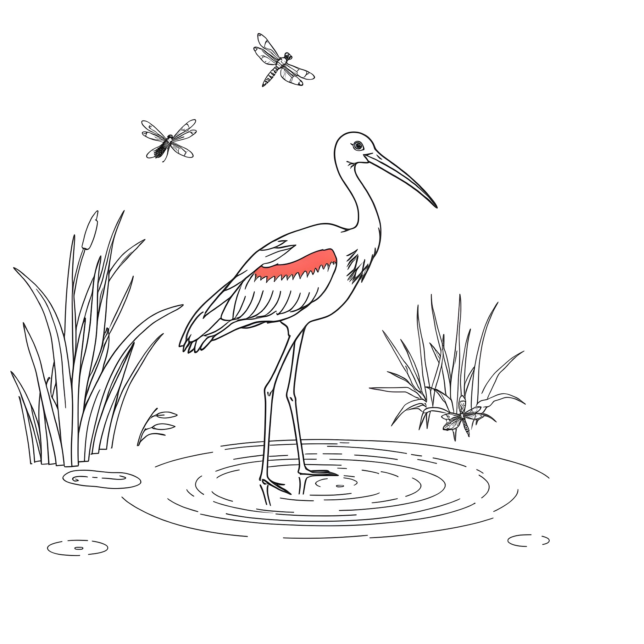 Spoonbill wading in the pond with dragonflies Coloring Page (free black-and-white line drawing printable PDF for all, from beginners to advanced learners, including children, teens, adults, and seniors)