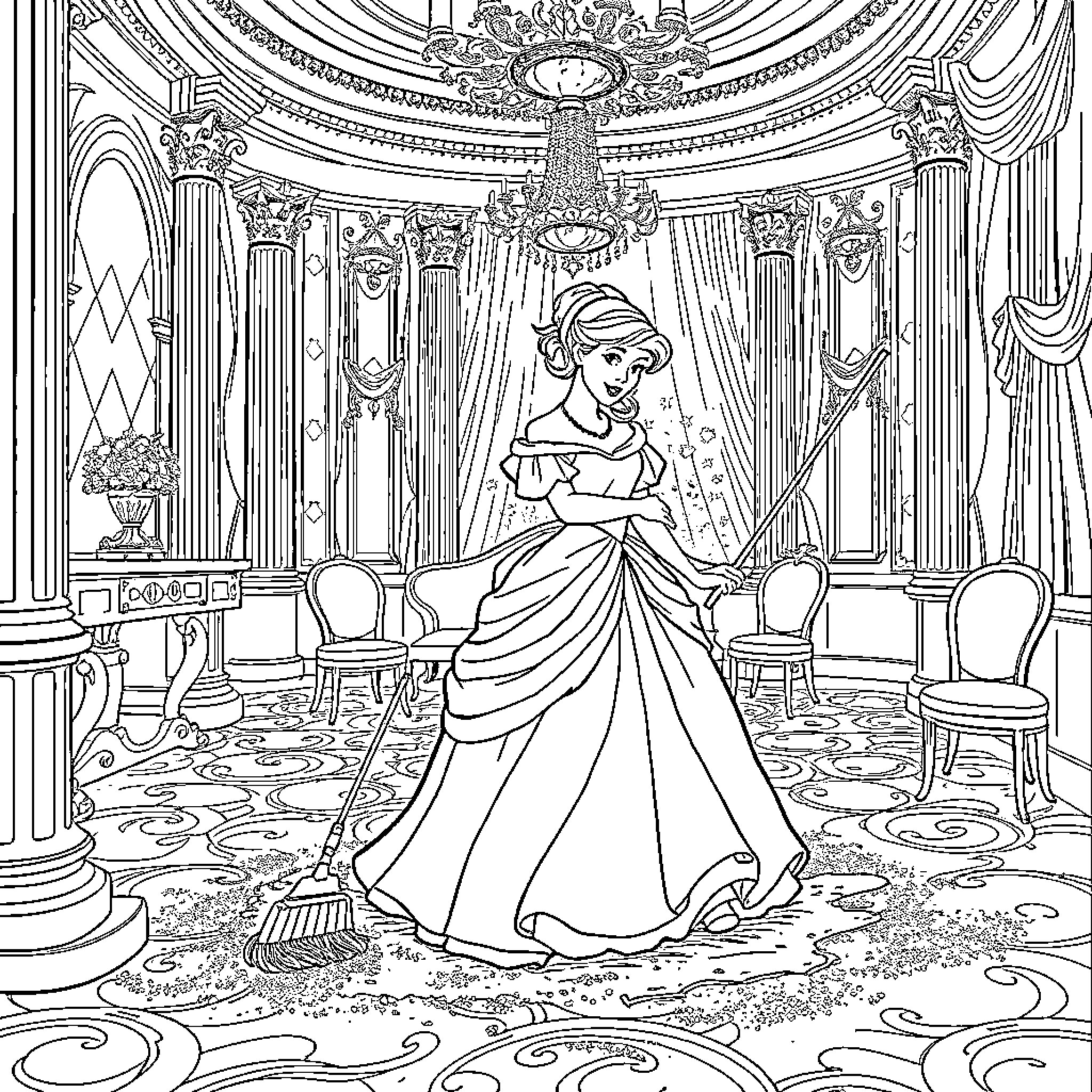 Cinderella sweeping the grand ballroom with elegance Coloring Page (free black-and-white line drawing printable PDF for all, from beginners to advanced learners, including children, teens, adults, and seniors)