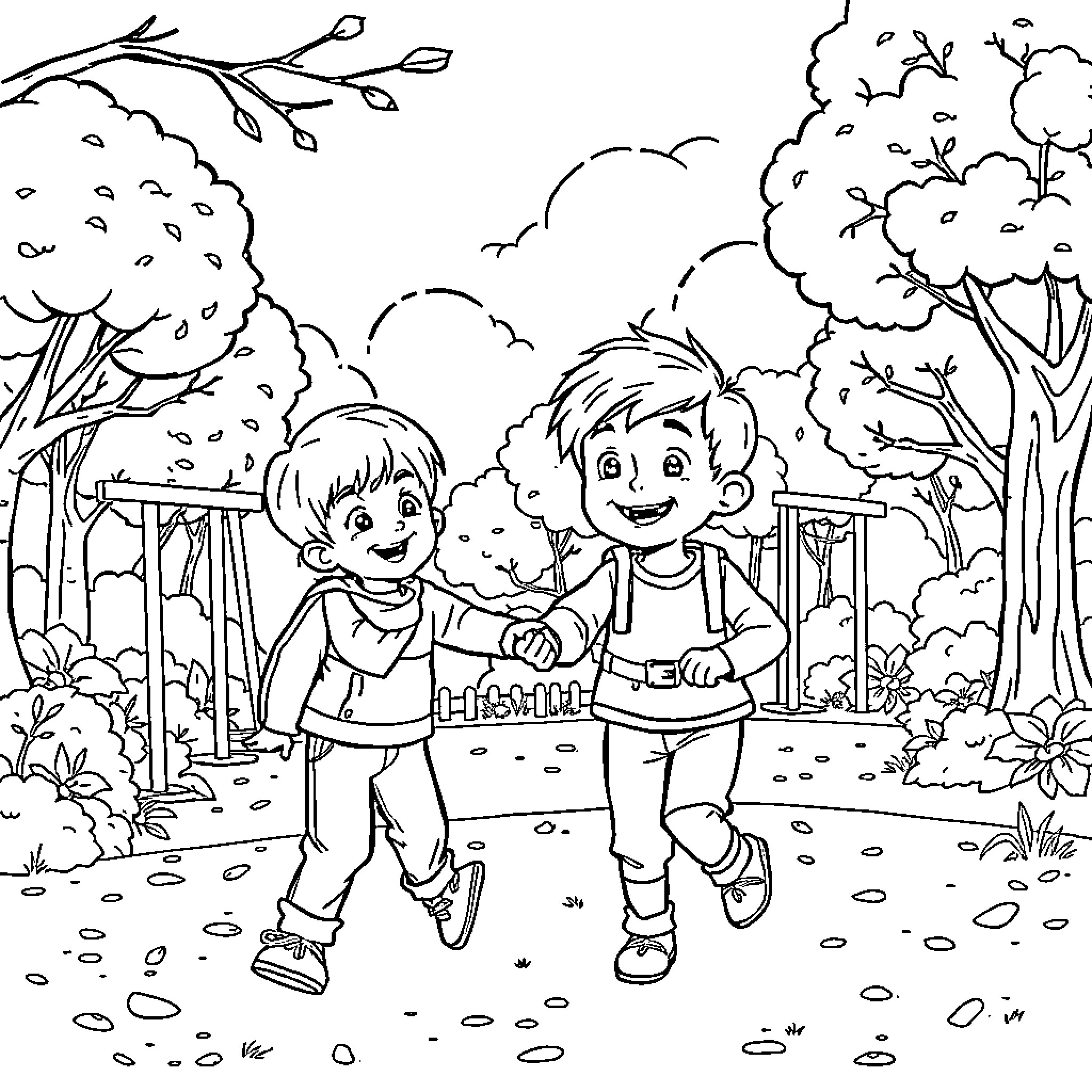 Enfant Playing Outdoors with Friends in Nature Coloring Page (free black-and-white line drawing printable PDF for all, from beginners to advanced learners, including children, teens, adults, and seniors)
