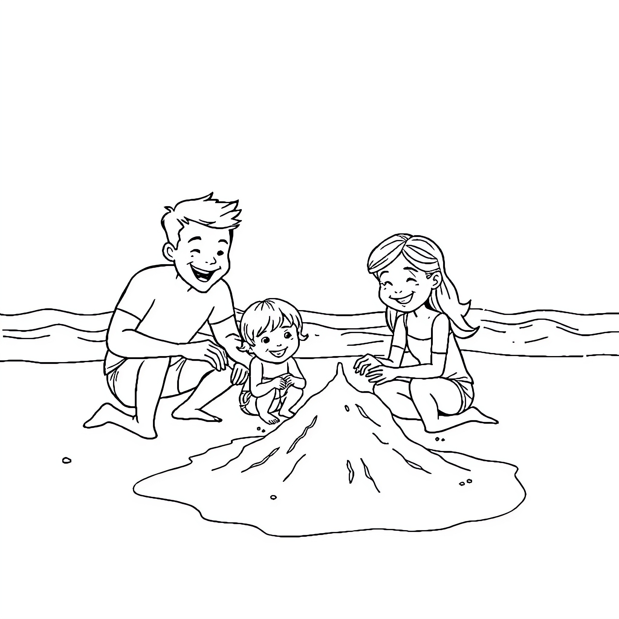 Family Building a Sandcastle on the Beach Coloring Page (free black-and-white line drawing printable PDF for all, from beginners to advanced learners, including children, teens, adults, and seniors)