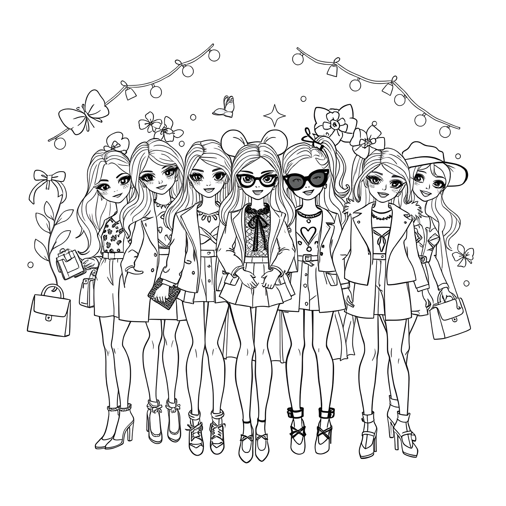 Doll group enjoying a night out together Coloring Page (free black-and-white line drawing printable PDF for all, from beginners to advanced learners, including children, teens, adults, and seniors)