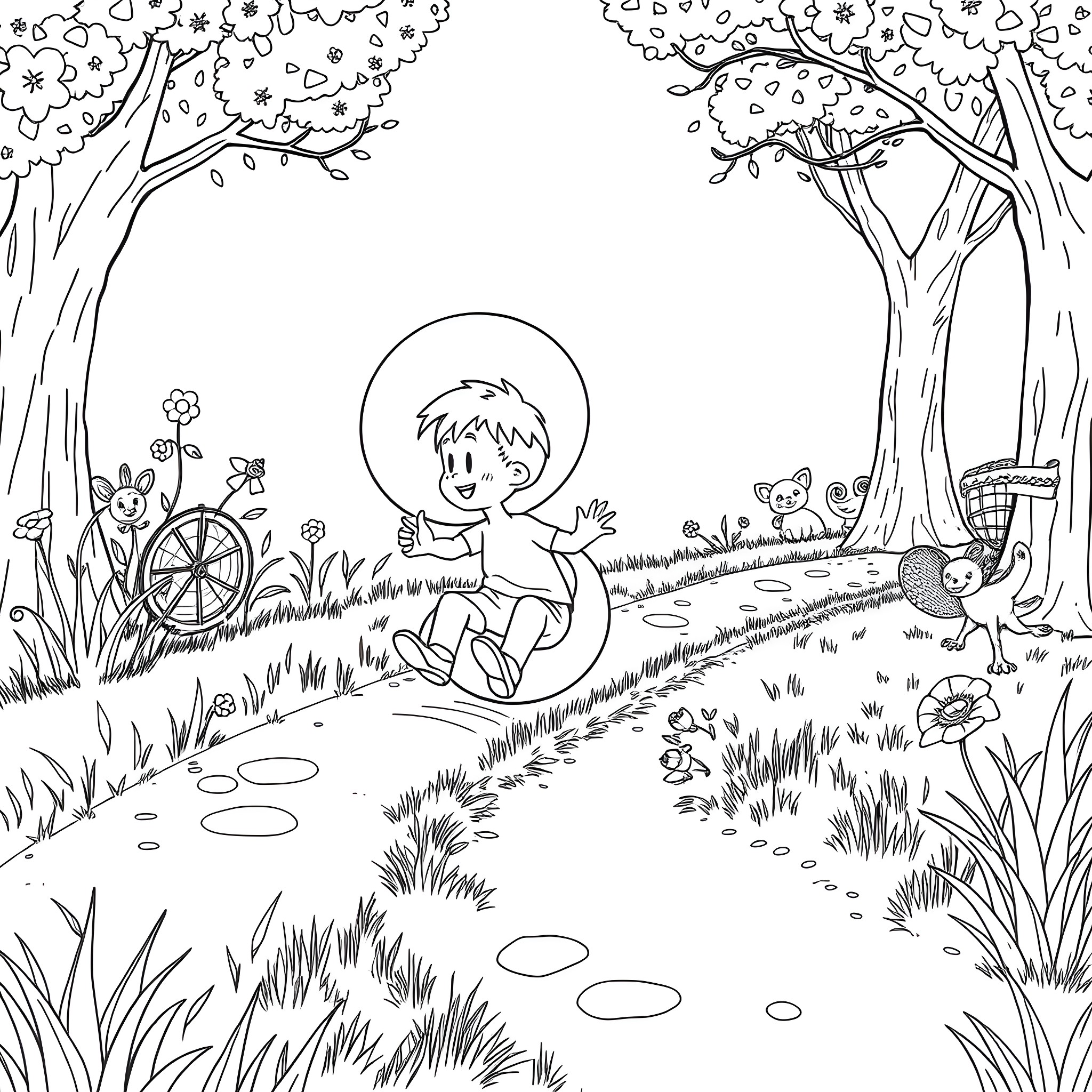 Bubble Boy playing joyfully in a whimsical forest Coloring Page (free black-and-white line drawing printable PDF for all, from beginners to advanced learners, including children, teens, adults, and seniors)