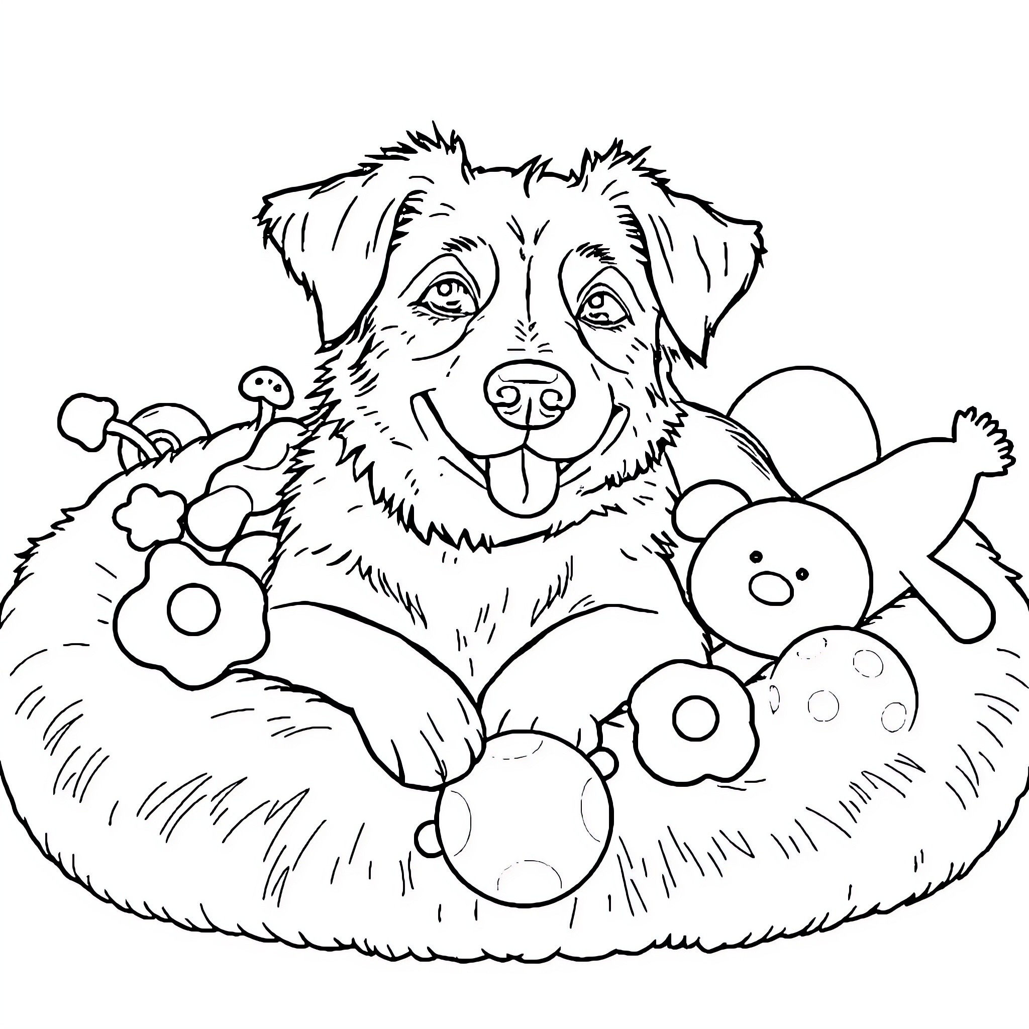 Dog playing with toys in a cozy basket Coloring Page (free black-and-white line drawing printable PDF for all, from beginners to advanced learners, including children, teens, adults, and seniors)