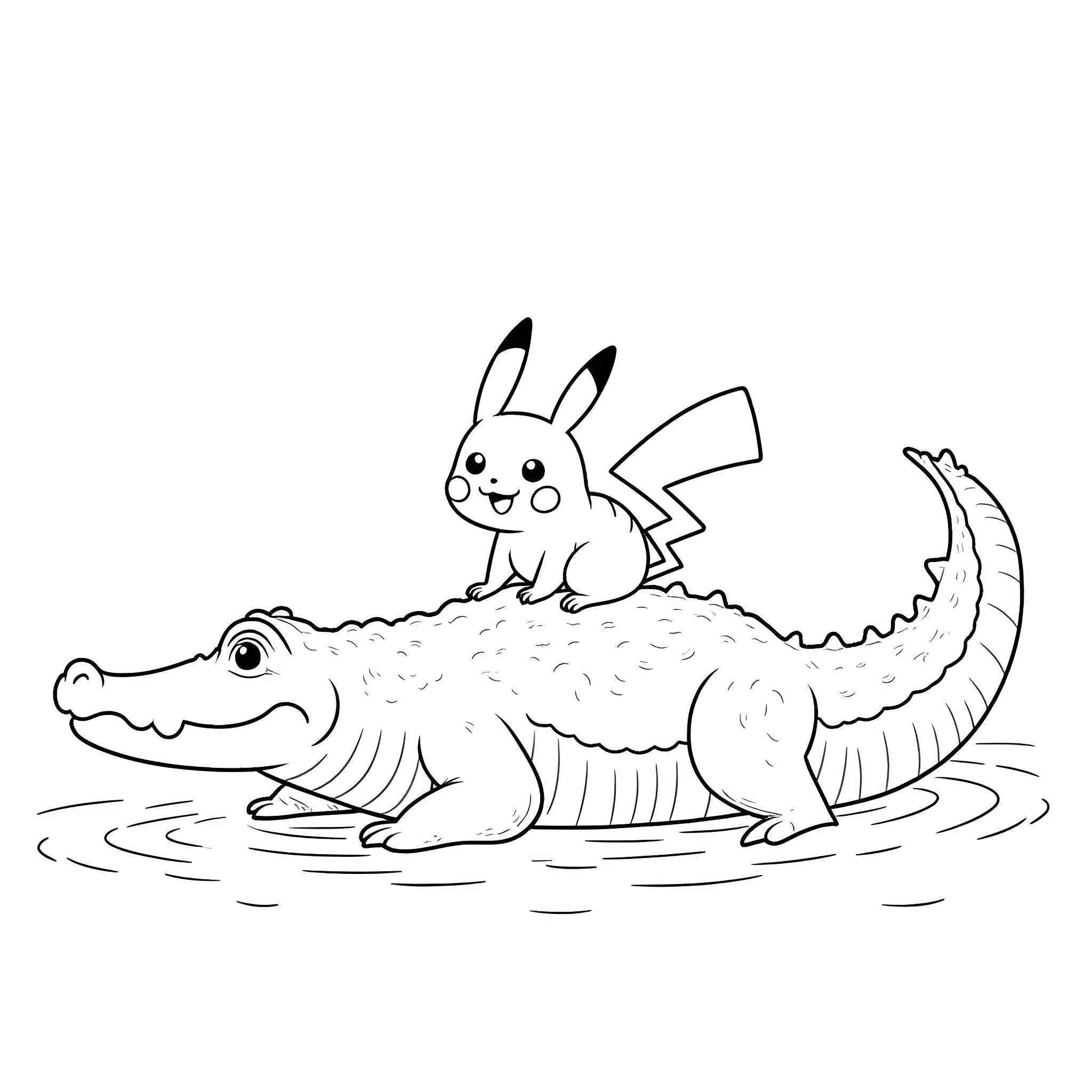 Pikachu happily riding on the back of an alligator Coloring Page (free black-and-white line drawing printable PDF for all, from beginners to advanced learners, including children, teens, adults, and seniors)