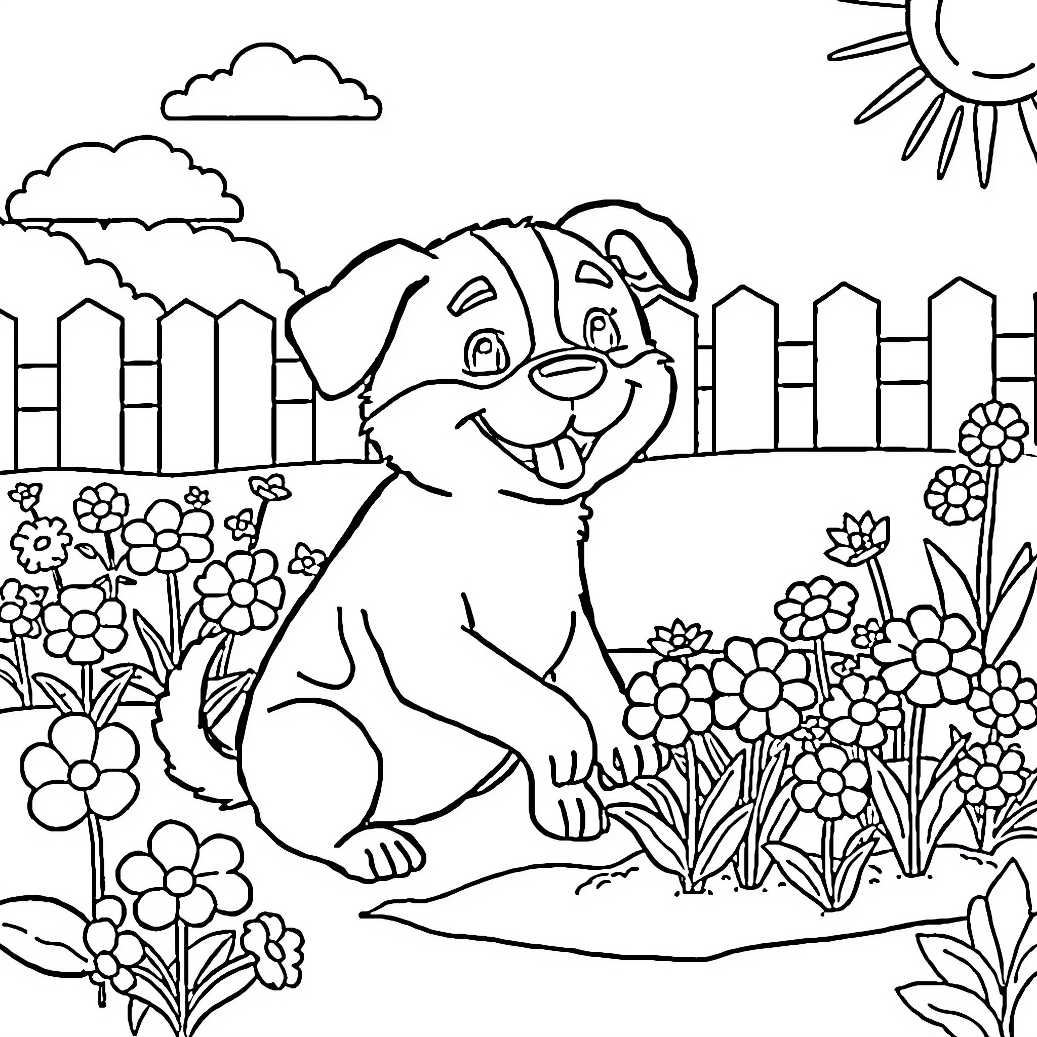 Dog playing joyfully in a colorful garden Coloring Page (free black-and-white line drawing printable PDF for all, from beginners to advanced learners, including children, teens, adults, and seniors)