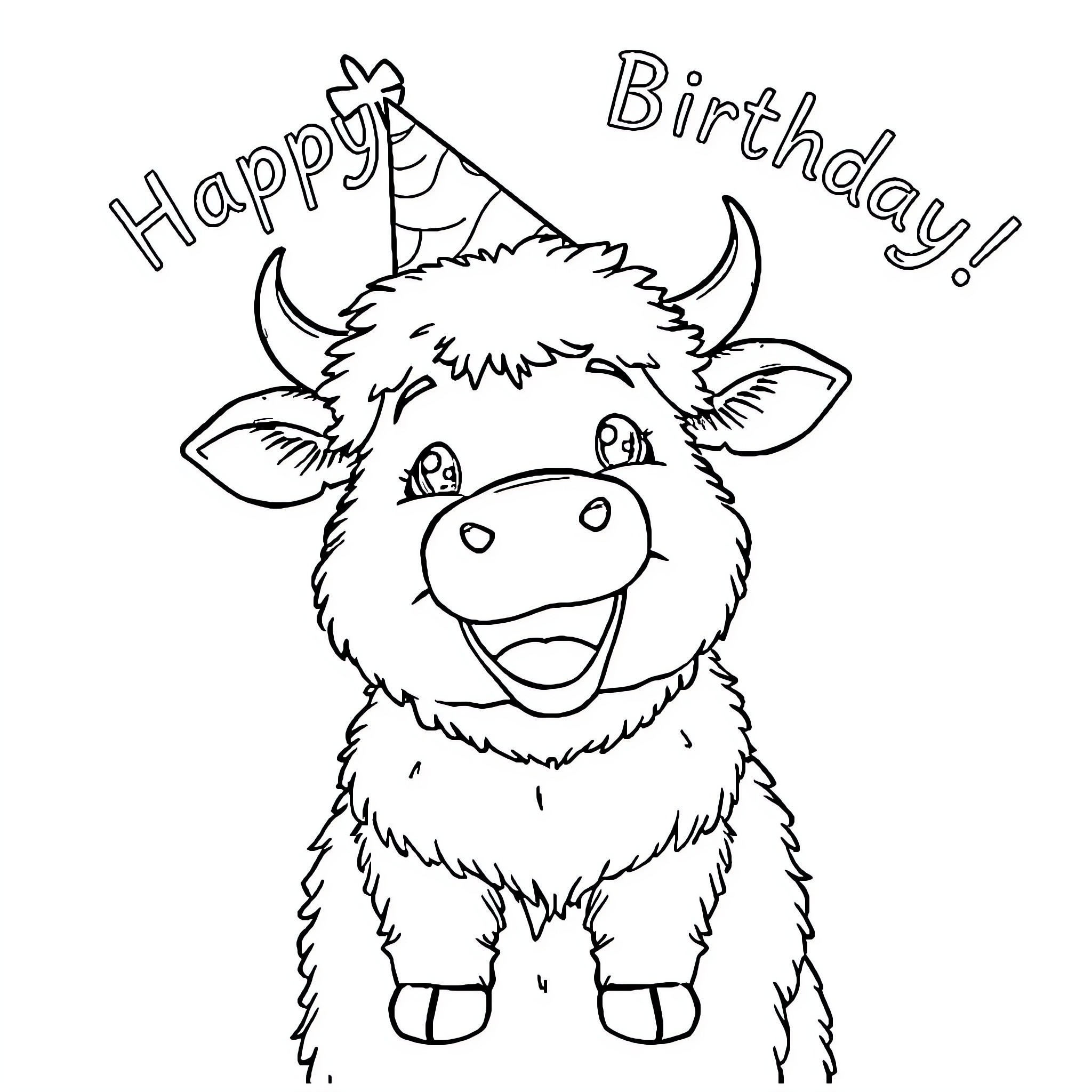 Cow celebrating a happy birthday Coloring Page (free black-and-white line drawing printable PDF for all, from beginners to advanced learners, including children, teens, adults, and seniors)