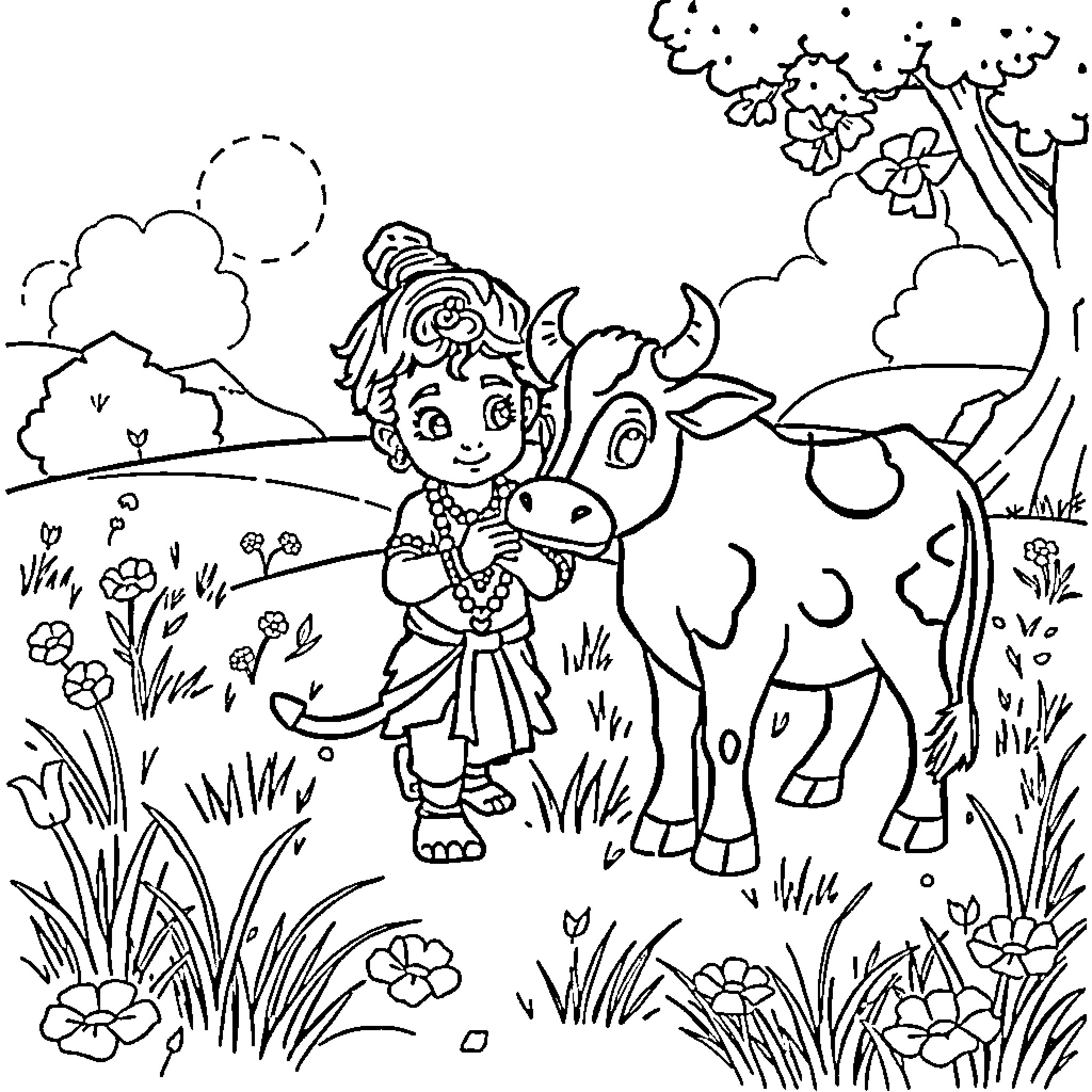 Krishna playing joyfully with a cow in a lush meadow Coloring Page (free black-and-white line drawing printable PDF for all, from beginners to advanced learners, including children, teens, adults, and seniors)