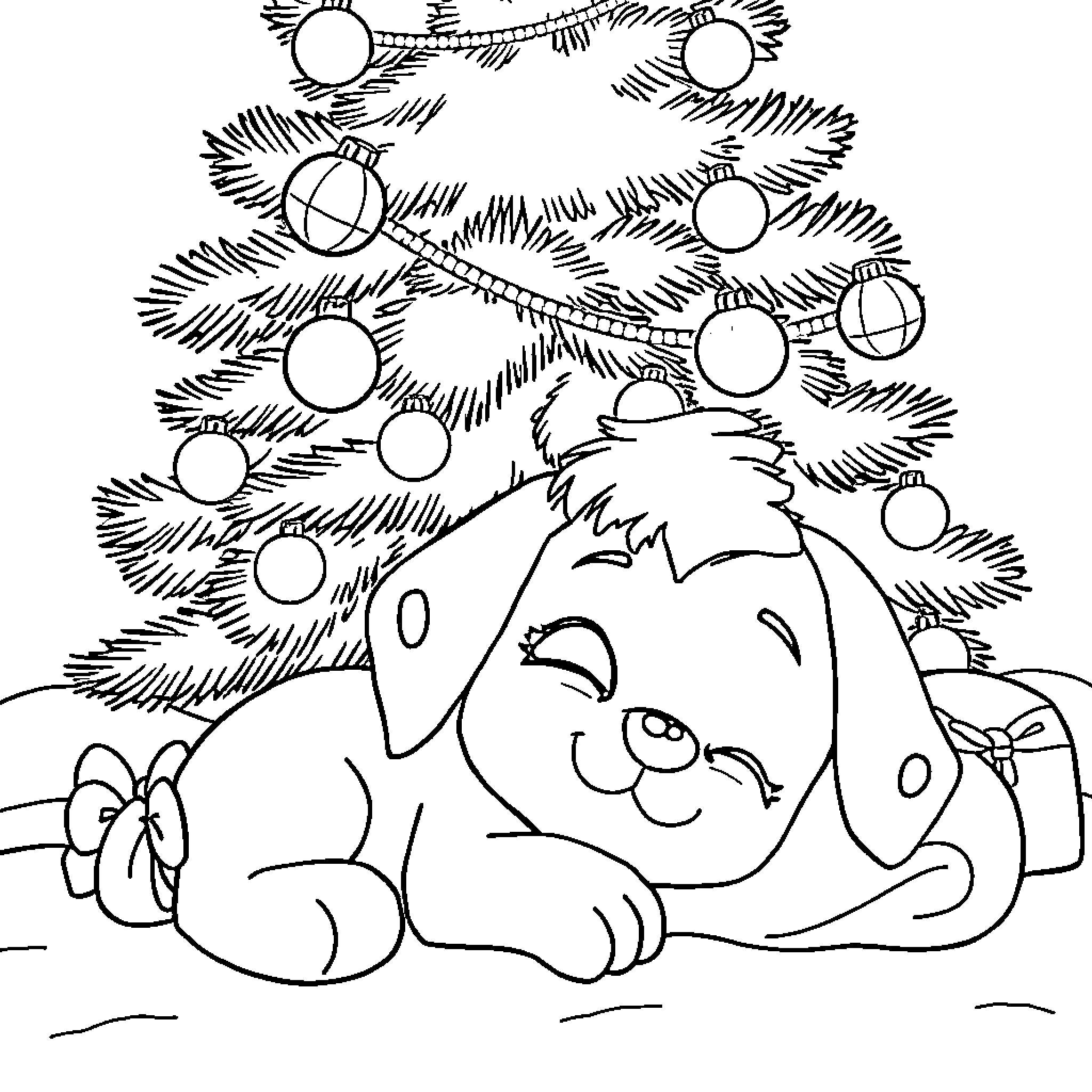 Skye's Cozy Christmas Companion Coloring Page (free black-and-white line drawing printable PDF for all, from beginners to advanced learners, including children, teens, adults, and seniors)