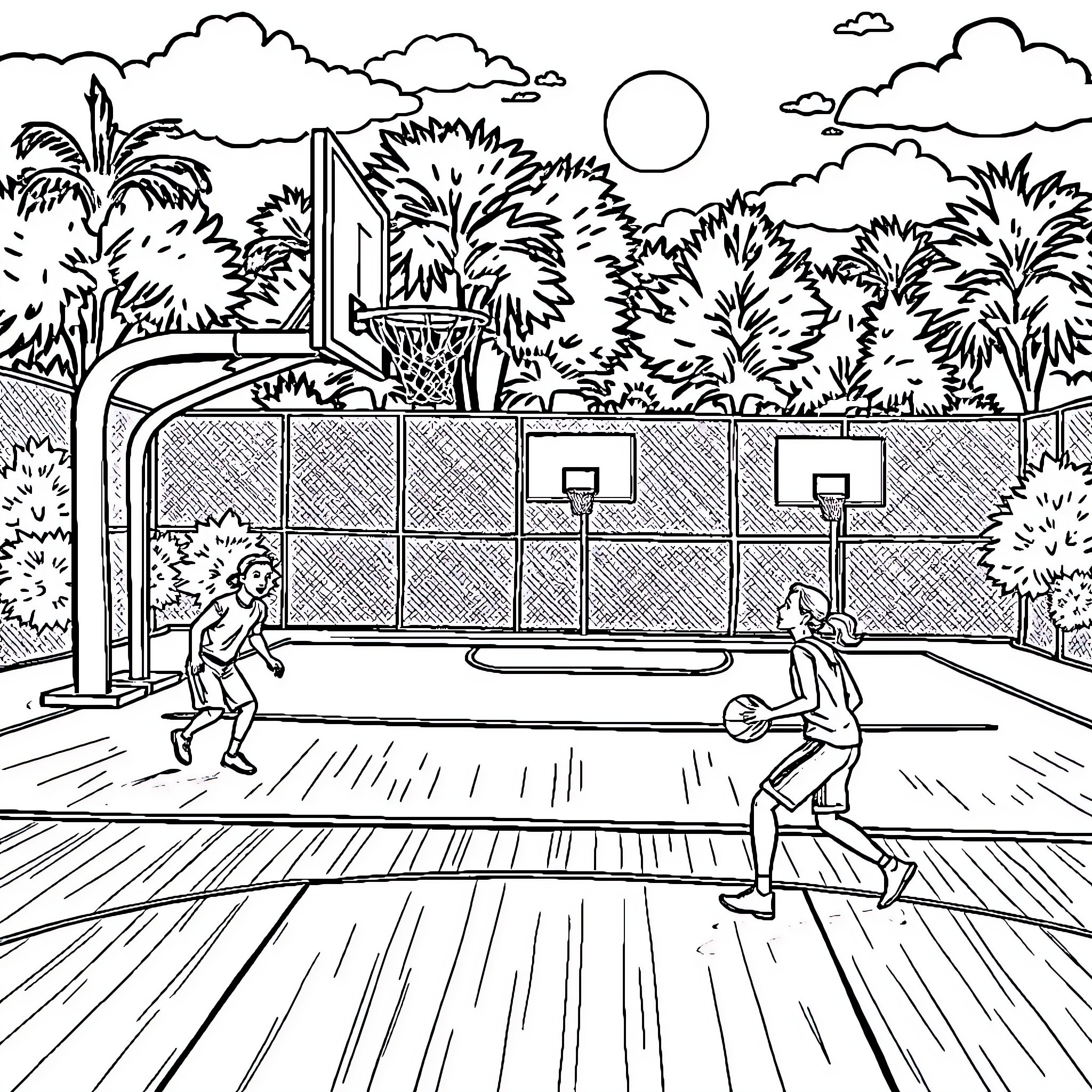 Basketball players competing on an outdoor court Coloring Page (free black-and-white line drawing printable PDF for all, from beginners to advanced learners, including children, teens, adults, and seniors)