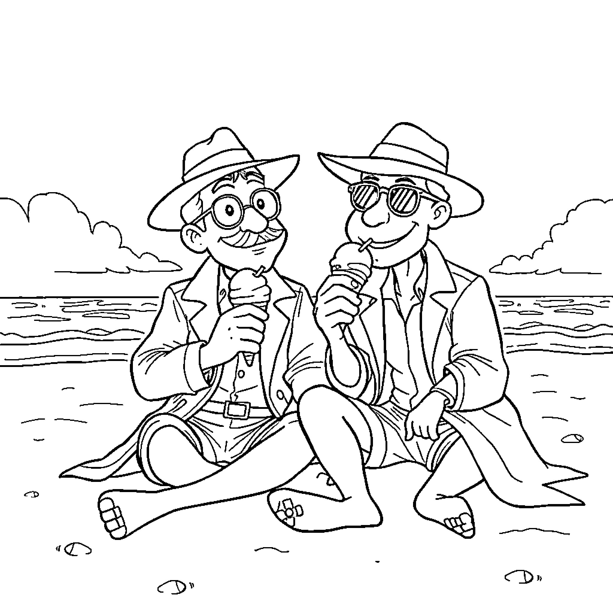 Detective Detectives Investigating Mystery on the Beach Coloring Page (free black-and-white line drawing printable PDF for all, from beginners to advanced learners, including children, teens, adults, and seniors)