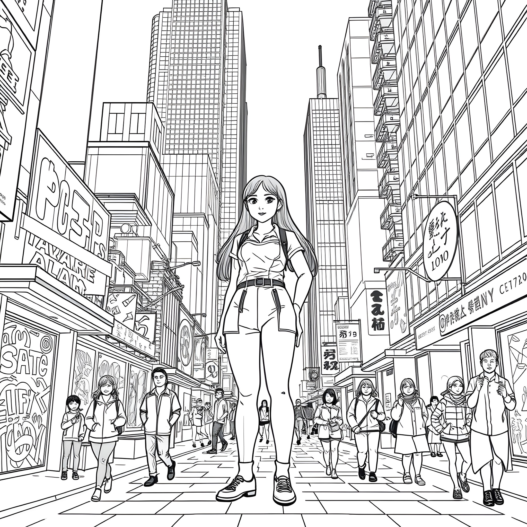 Xinyu's bustling adventure in the city Coloring Page (free black-and-white line drawing printable PDF for all, from beginners to advanced learners, including children, teens, adults, and seniors)