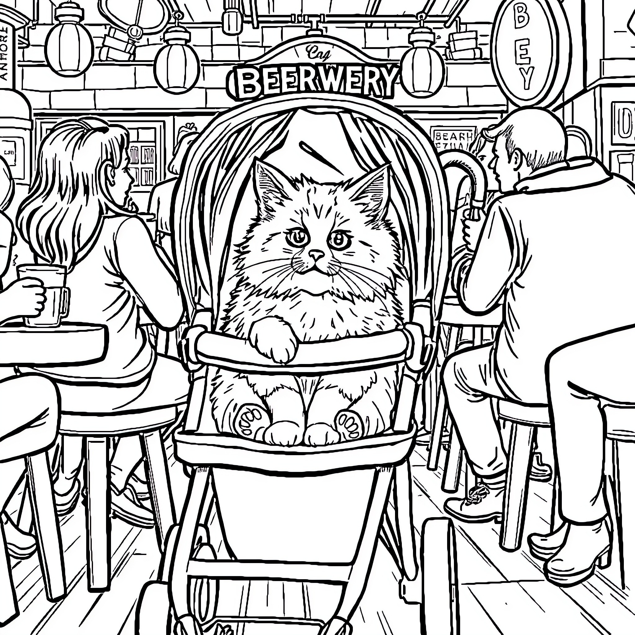 Cat enjoying a cozy evening at the Beerwyery Coloring Page (free black-and-white line drawing printable PDF for all, from beginners to advanced learners, including children, teens, adults, and seniors)