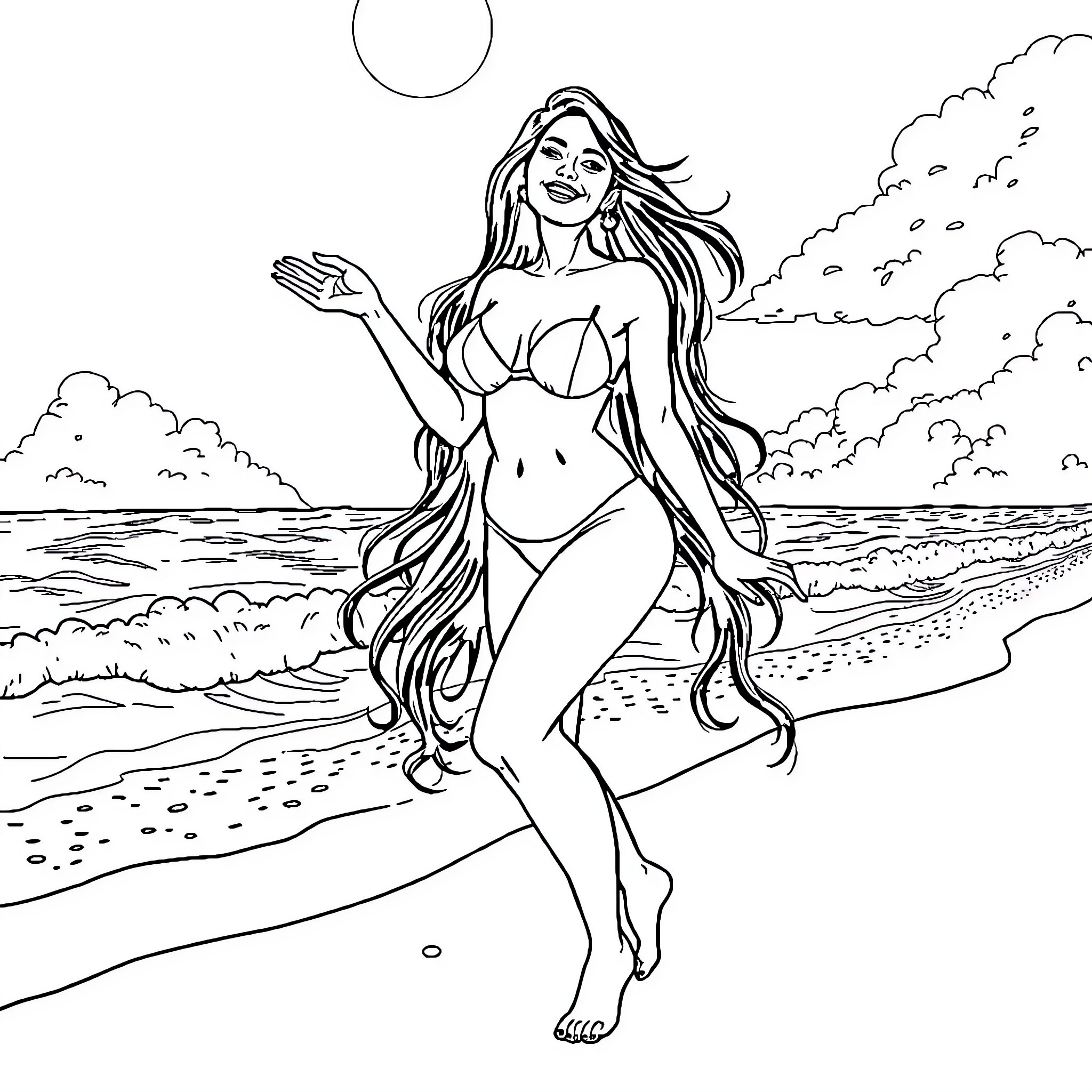 Sunny Leone posing gracefully on the beach Coloring Page (free black-and-white line drawing printable PDF for all, from beginners to advanced learners, including children, teens, adults, and seniors)