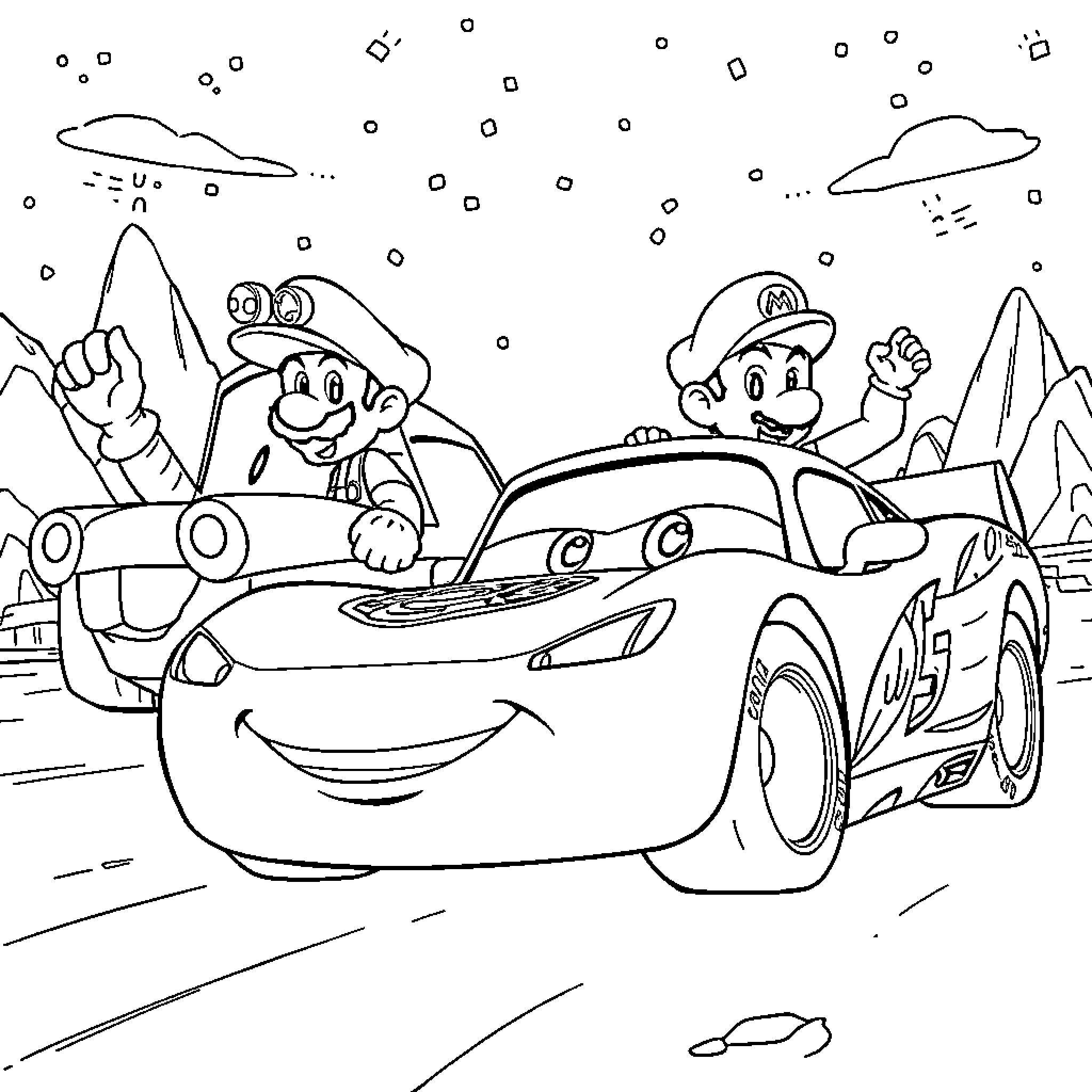 Characters engaging in playful driving adventure Coloring Page (free black-and-white line drawing printable PDF for all, from beginners to advanced learners, including children, teens, adults, and seniors)