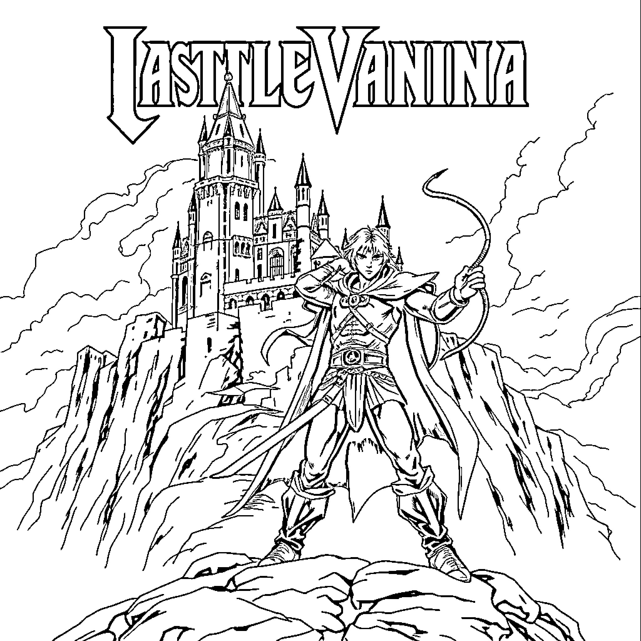 Castlevania - Heroic Warrior Defends Castle Coloring Page (free black-and-white line drawing printable PDF for all, from beginners to advanced learners, including children, teens, adults, and seniors)