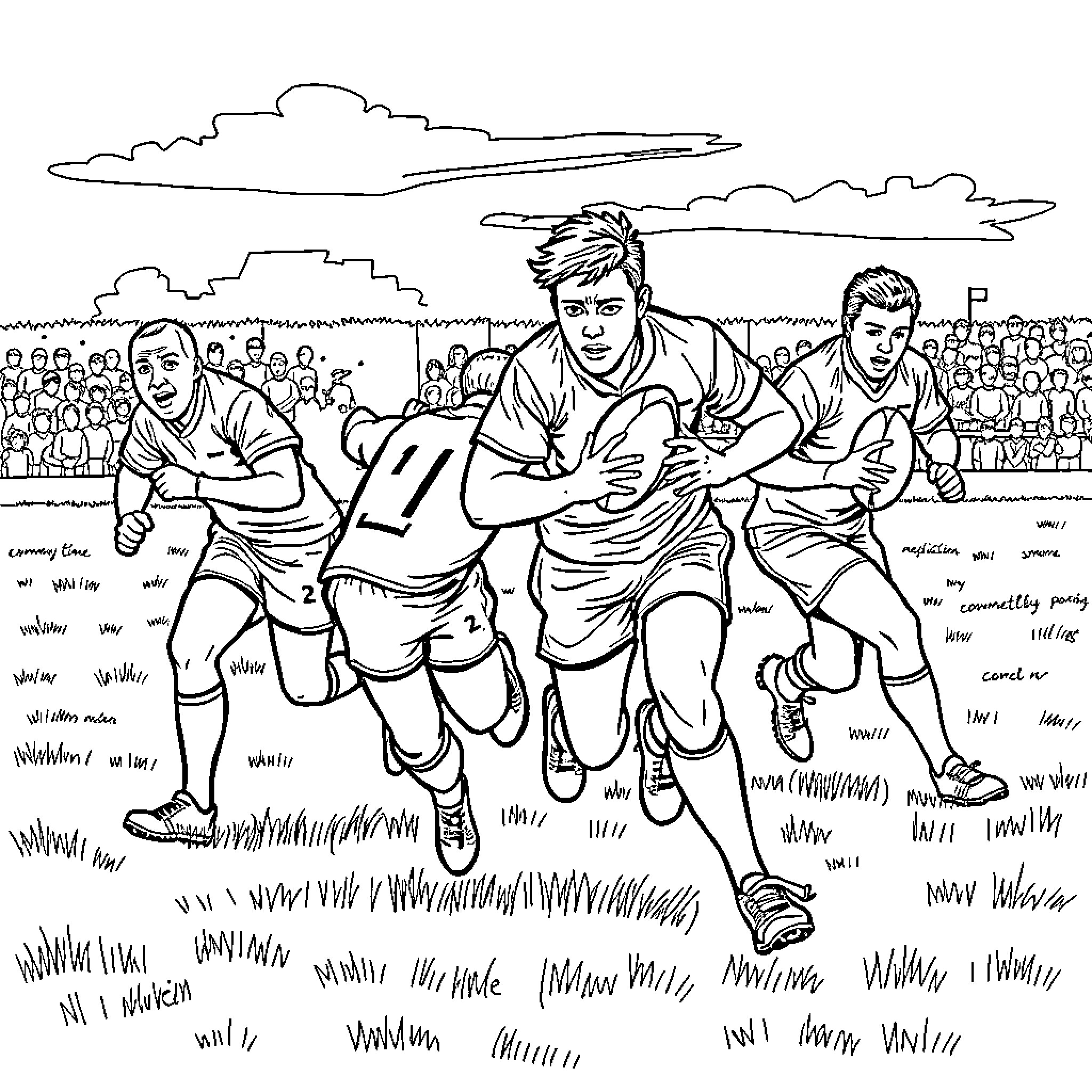 Rugby players in intense match on field Coloring Page (free black-and-white line drawing printable PDF for all, from beginners to advanced learners, including children, teens, adults, and seniors)