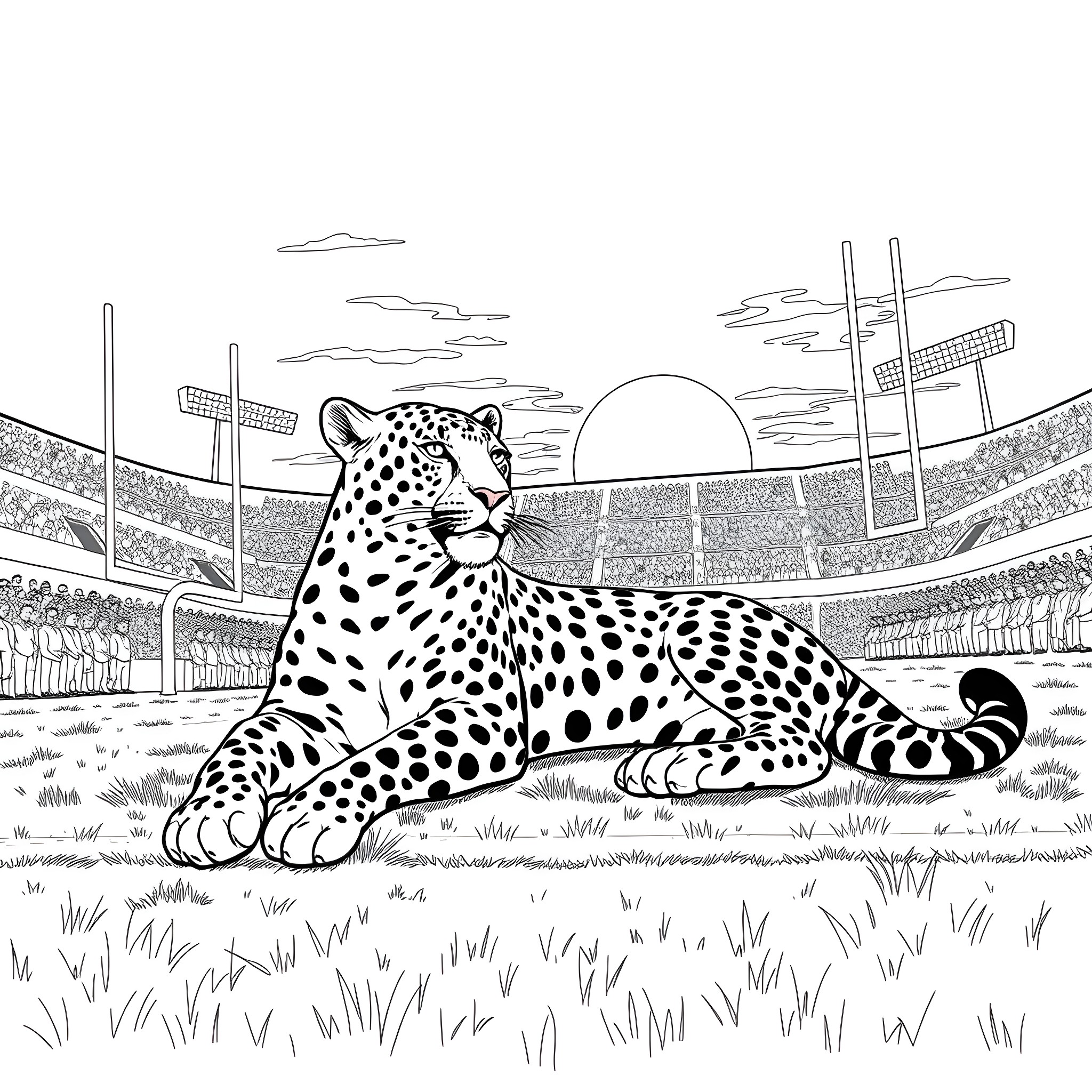 Leopard relaxing in the stadium Coloring Page (free black-and-white line drawing printable PDF for all, from beginners to advanced learners, including children, teens, adults, and seniors)
