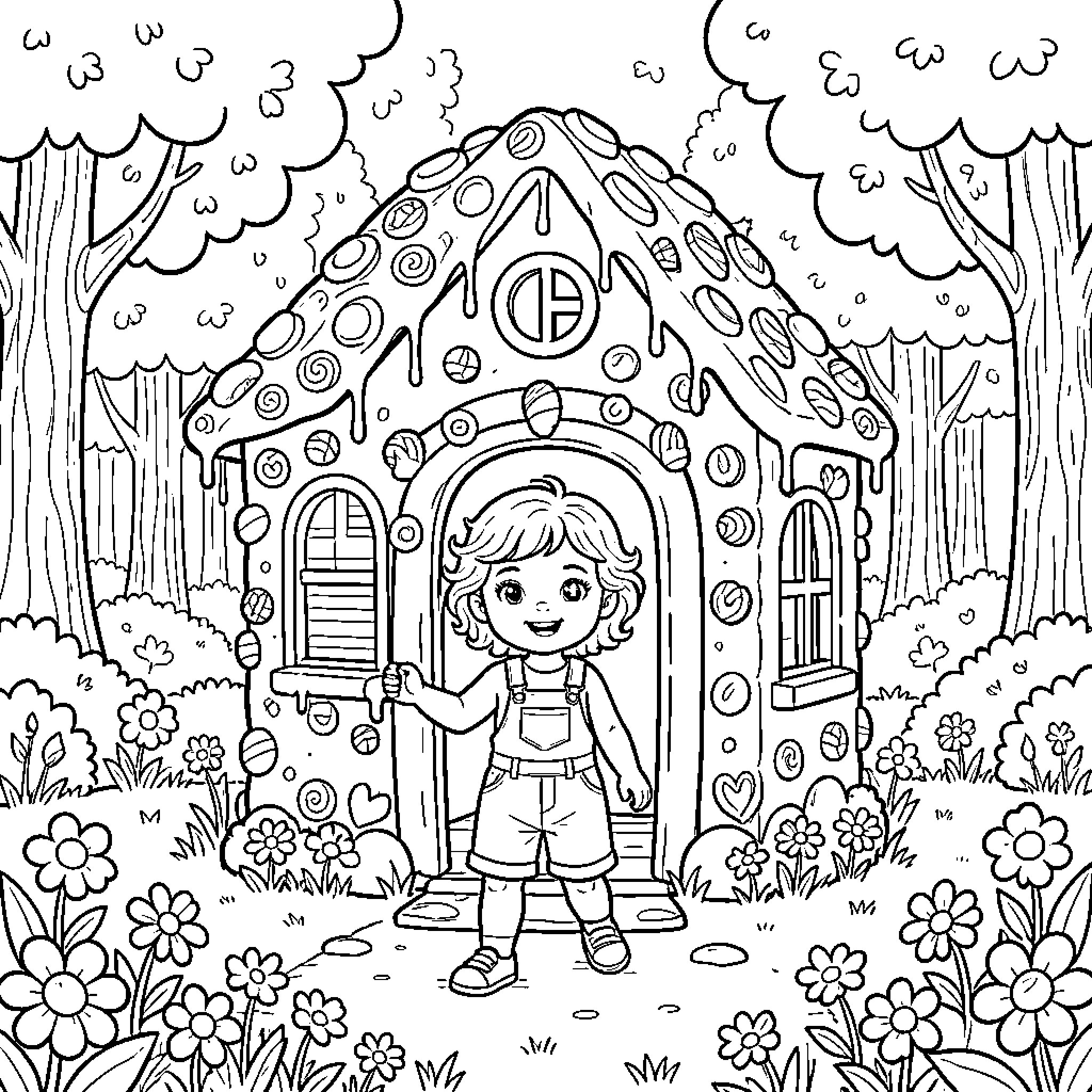Nina's Whimsical Forest Wonderland Coloring Page (free black-and-white line drawing printable PDF for all, from beginners to advanced learners, including children, teens, adults, and seniors)