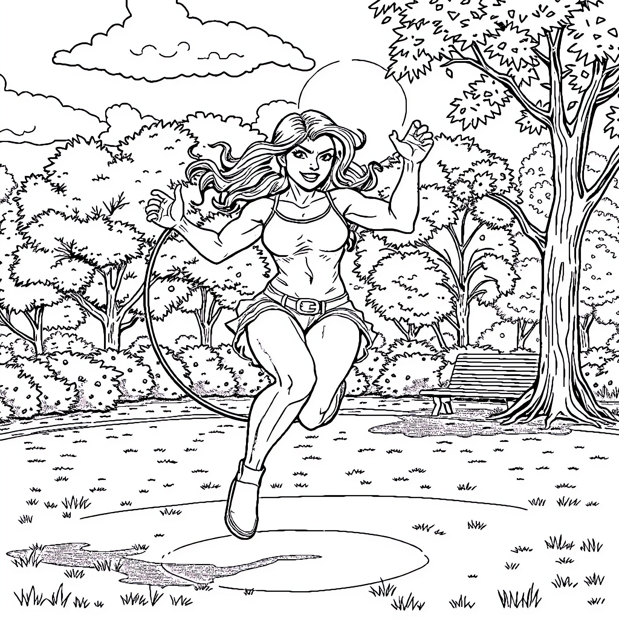 She-Hulk Leaping Through the Vibrant Outdoors Coloring Page (free black-and-white line drawing printable PDF for all, from beginners to advanced learners, including children, teens, adults, and seniors)