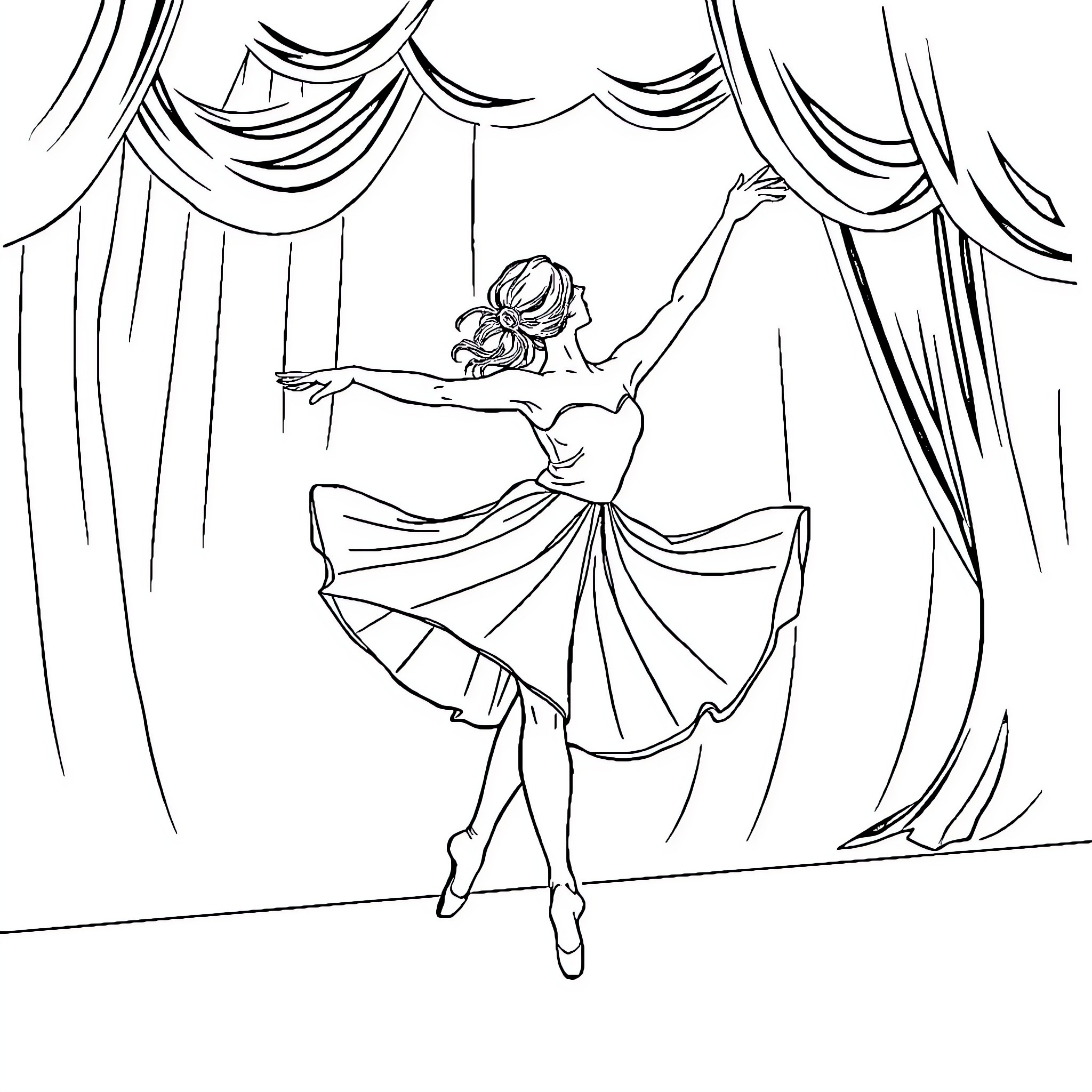 Dancer performing gracefully on stage Coloring Page (free black-and-white line drawing printable PDF for all, from beginners to advanced learners, including children, teens, adults, and seniors)