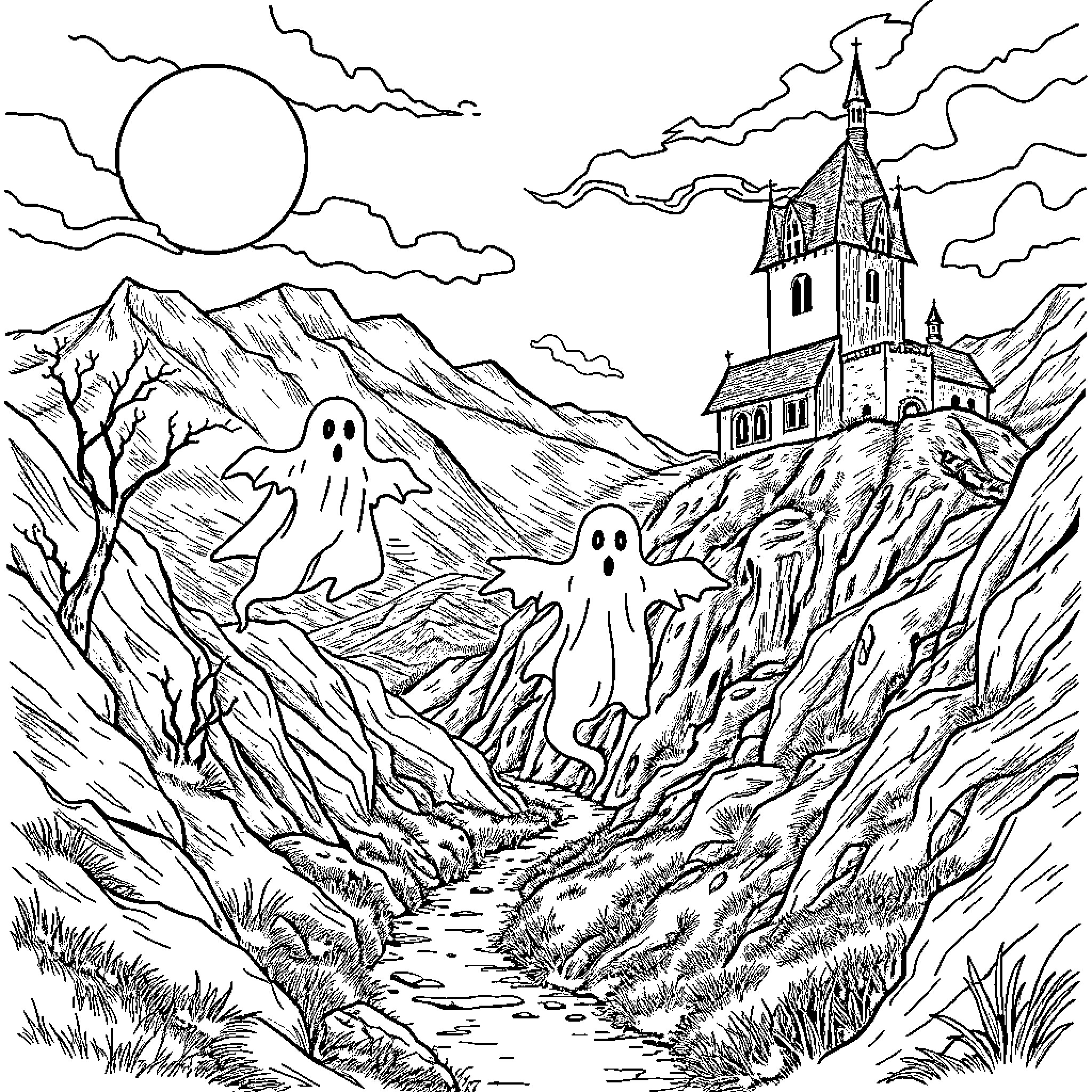Ghost Figures in a Haunted Landscape Coloring Page (free black-and-white line drawing printable PDF for all, from beginners to advanced learners, including children, teens, adults, and seniors)
