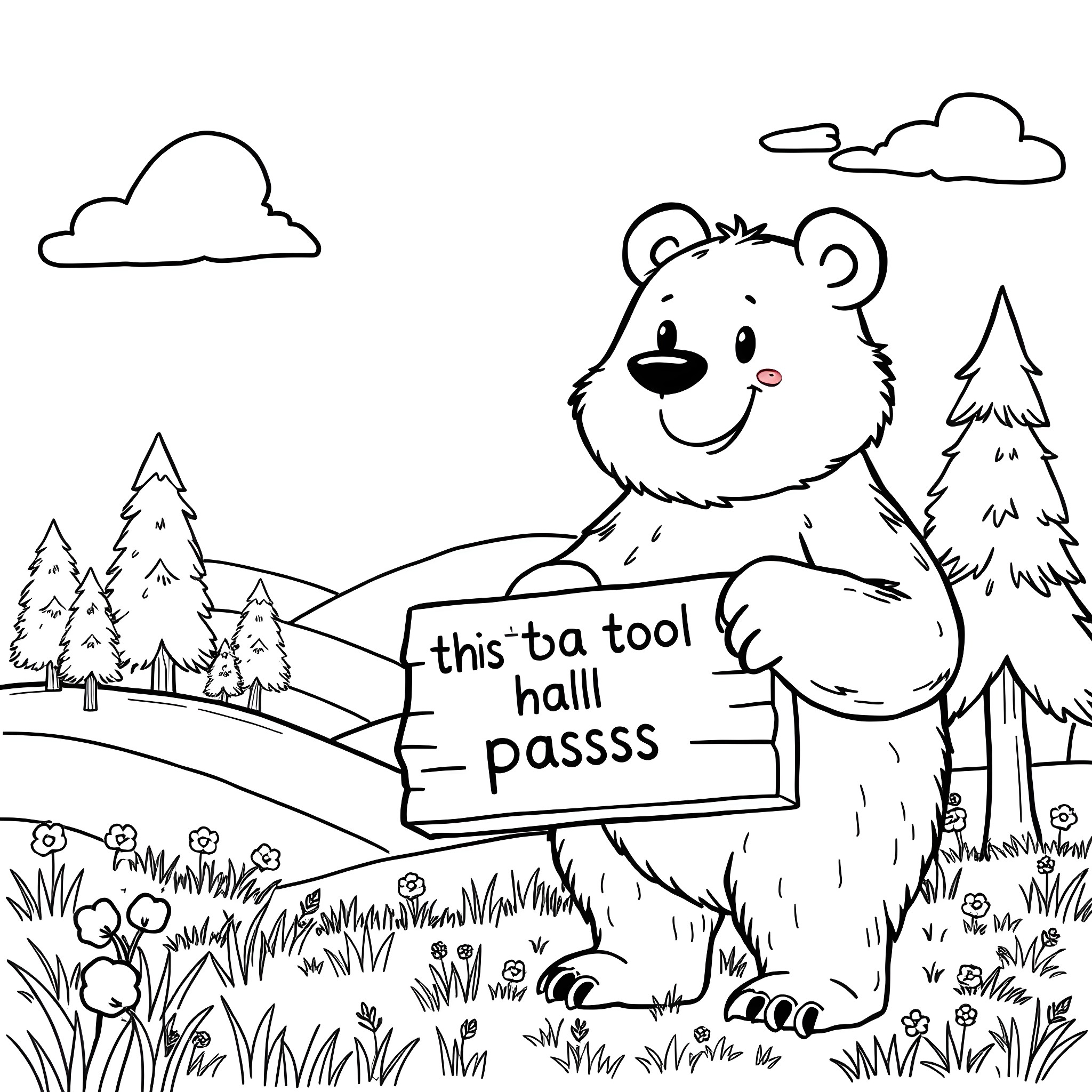 Bear holding a sign in a scenic outdoor setting Coloring Page (free black-and-white line drawing printable PDF for all, from beginners to advanced learners, including children, teens, adults, and seniors)