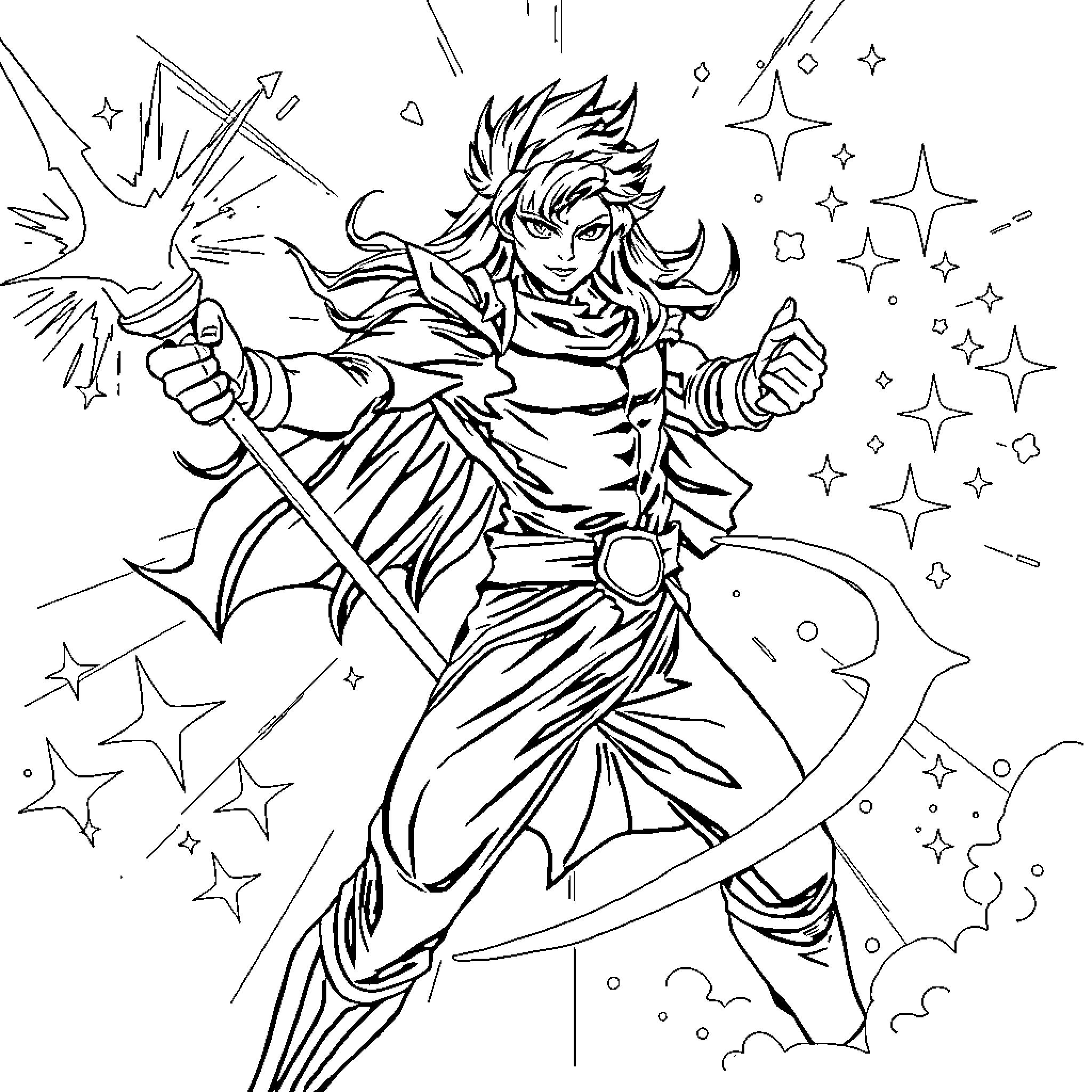 Demon Hunter in Epic Battle Stance Coloring Page (free black-and-white line drawing printable PDF for all, from beginners to advanced learners, including children, teens, adults, and seniors)