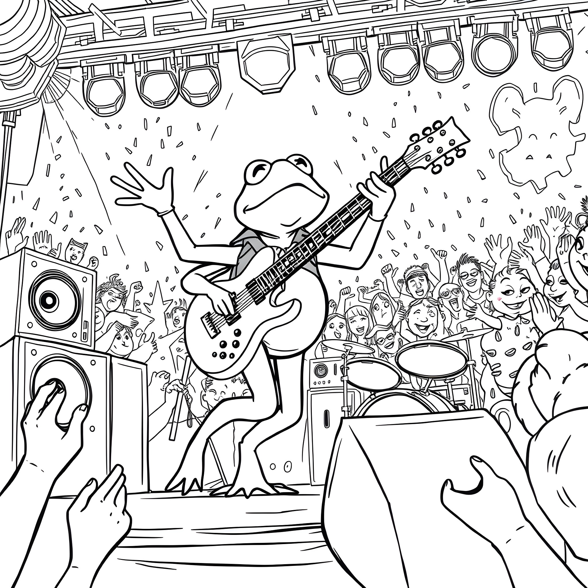 Kermit the Frog performing on stage with audience Coloring Page (free black-and-white line drawing printable PDF for all, from beginners to advanced learners, including children, teens, adults, and seniors)