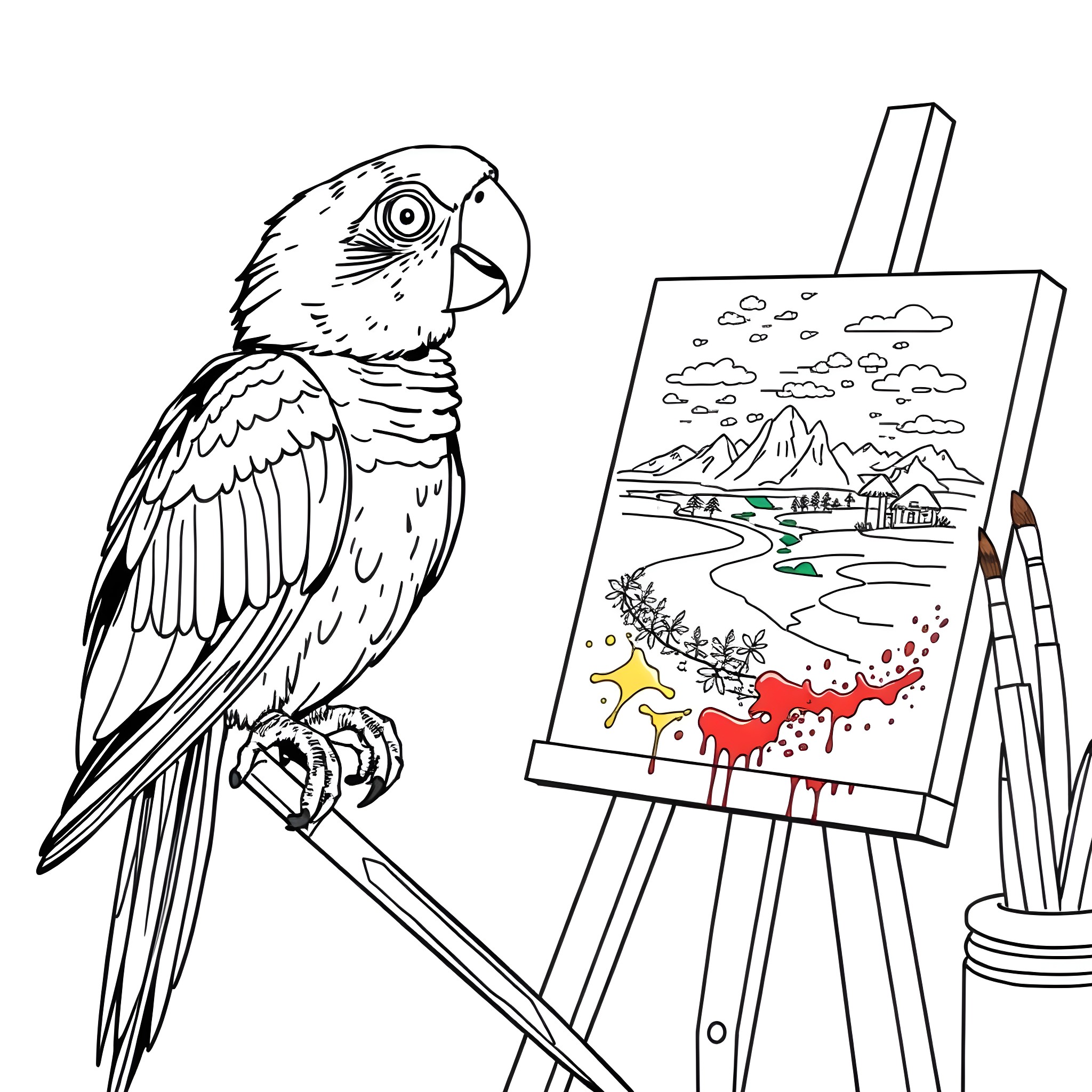 Parrot observing an artist's nature painting Coloring Page (free black-and-white line drawing printable PDF for all, from beginners to advanced learners, including children, teens, adults, and seniors)
