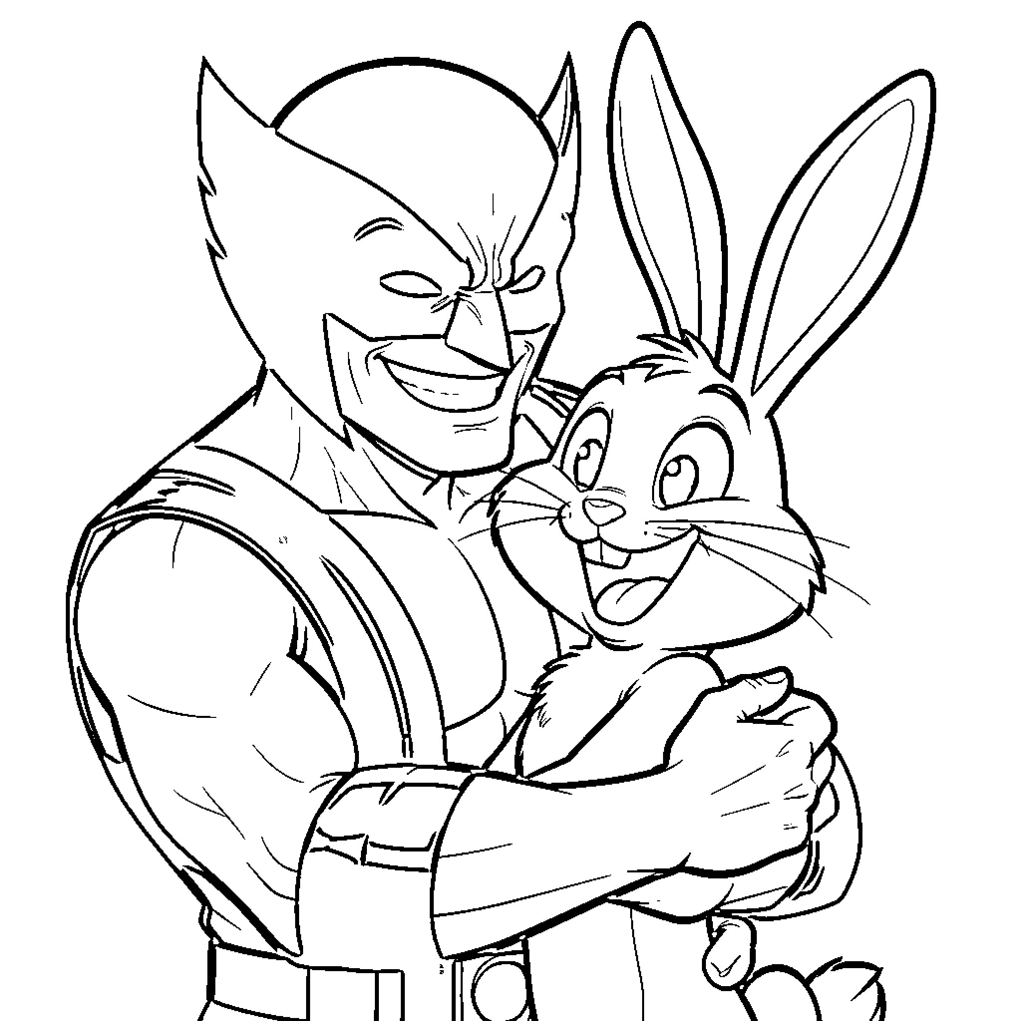 Wolverine smiling while hugging a happy rabbit Coloring Page (free black-and-white line drawing printable PDF for all, from beginners to advanced learners, including children, teens, adults, and seniors)
