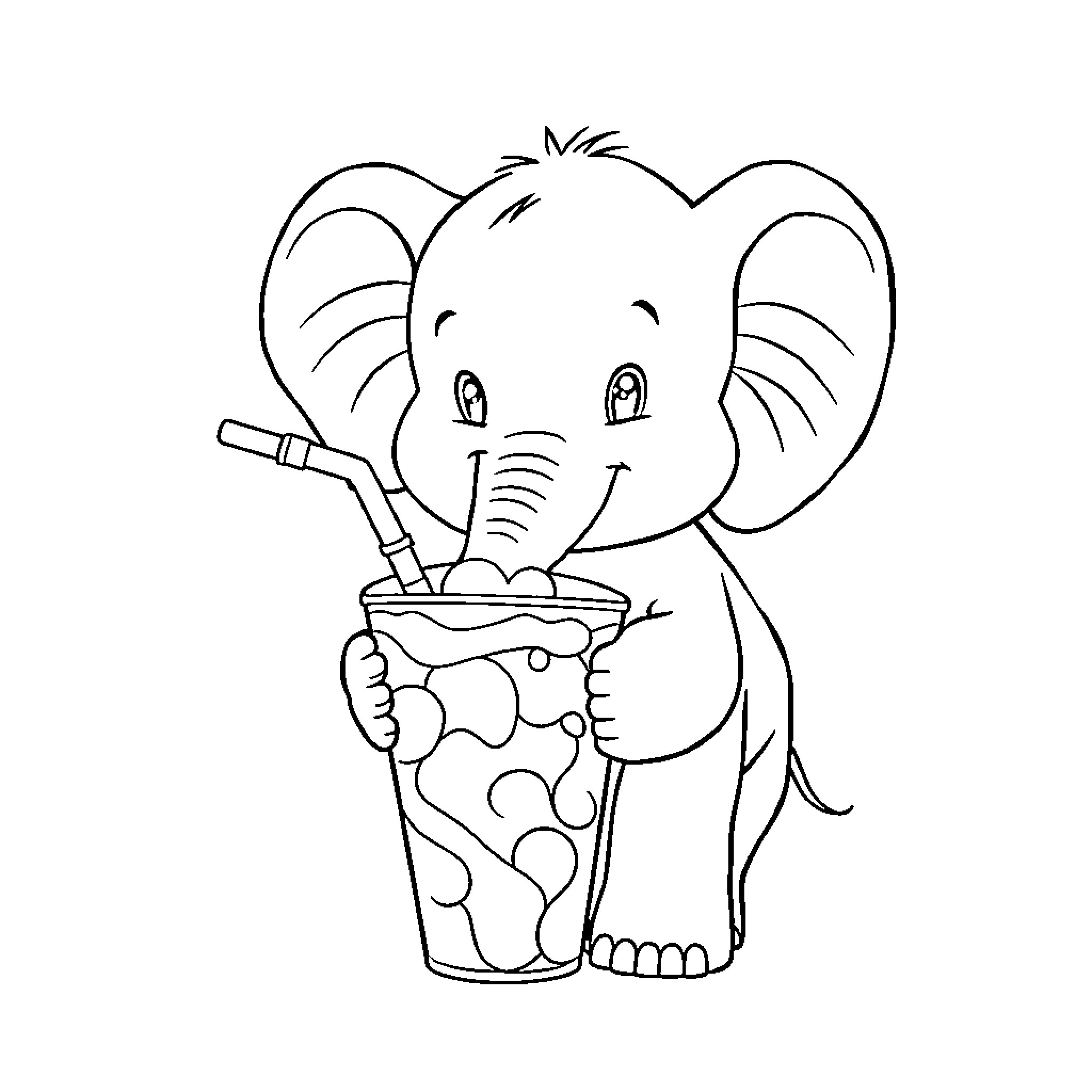 Elephant enjoying a tasty drink Coloring Page (free black-and-white line drawing printable PDF for all, from beginners to advanced learners, including children, teens, adults, and seniors)