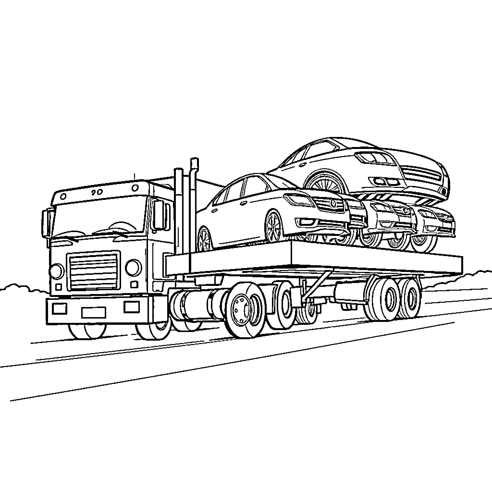 Camion transporting luxury vehicles on the highway Coloring Page (free black-and-white line drawing printable PDF for all, from beginners to advanced learners, including children, teens, adults, and seniors)