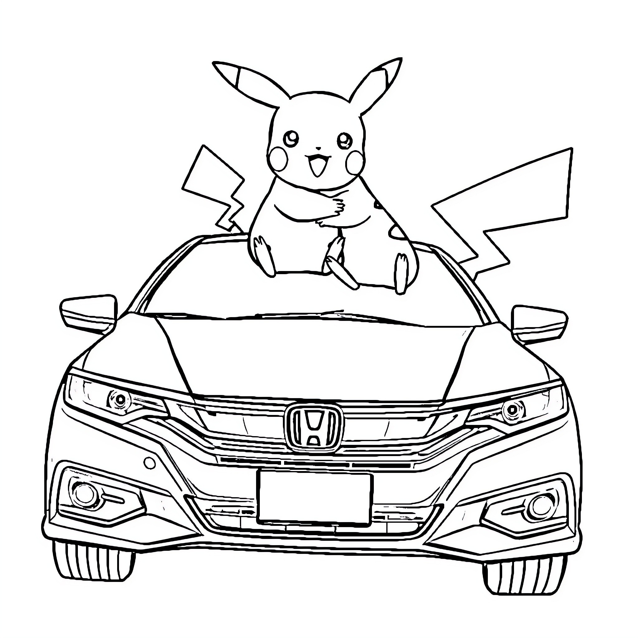 Pikachu Riding Happily in a Car Coloring Page (free black-and-white line drawing printable PDF for all, from beginners to advanced learners, including children, teens, adults, and seniors)