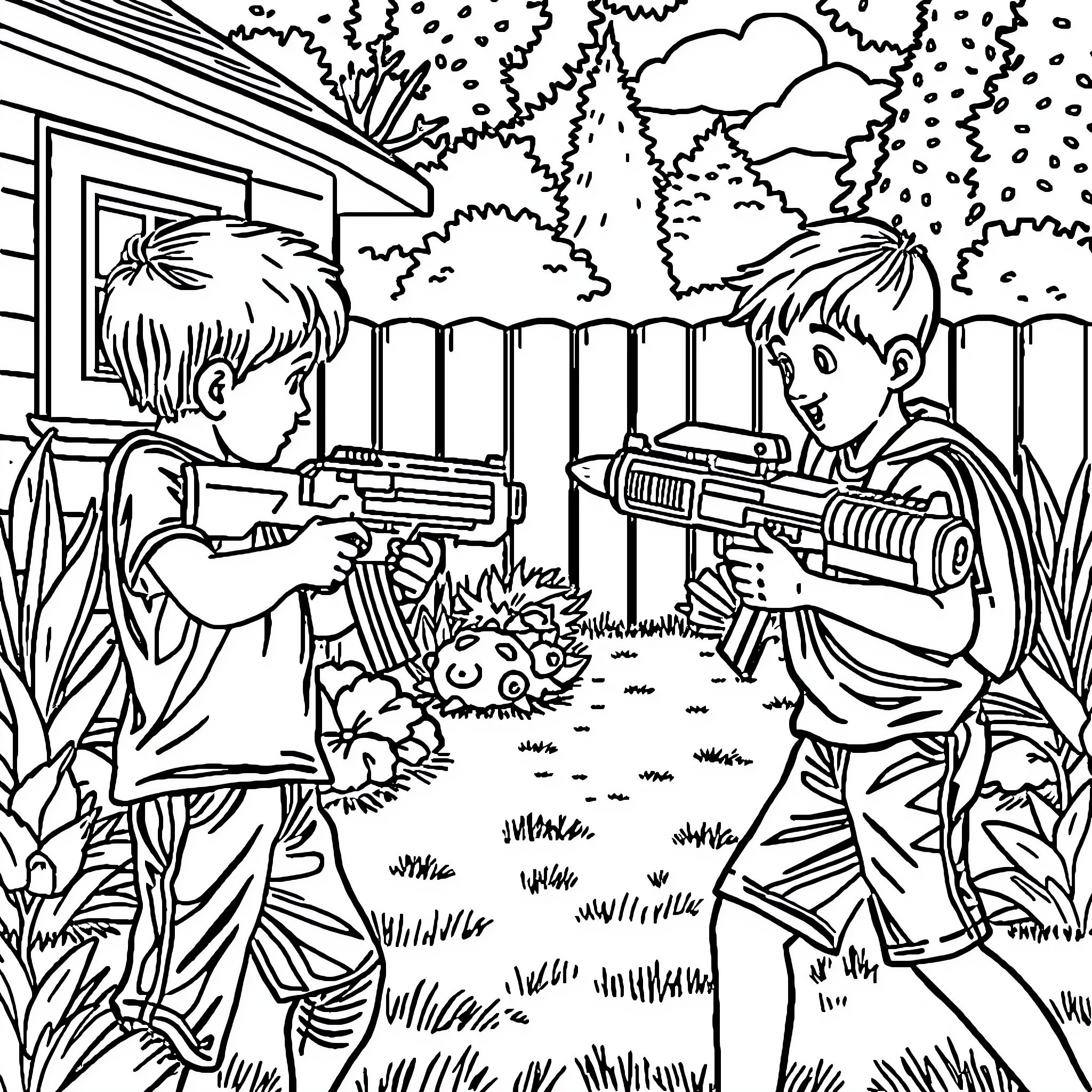 Nerf Gun Battle in the Backyard Coloring Page (free black-and-white line drawing printable PDF for all, from beginners to advanced learners, including children, teens, adults, and seniors)