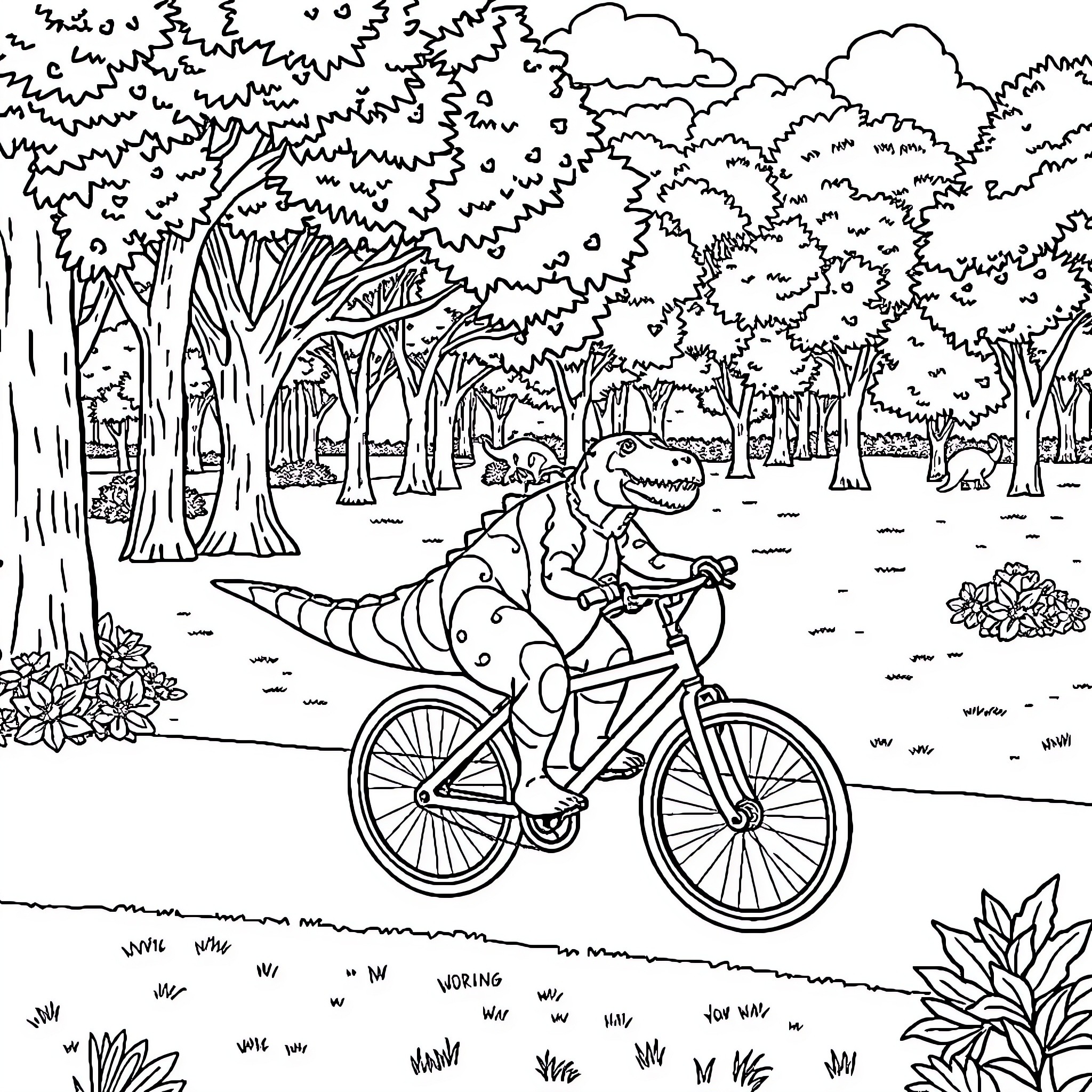 Dinosaur riding a bicycle through the forest Coloring Page (free black-and-white line drawing printable PDF for all, from beginners to advanced learners, including children, teens, adults, and seniors)