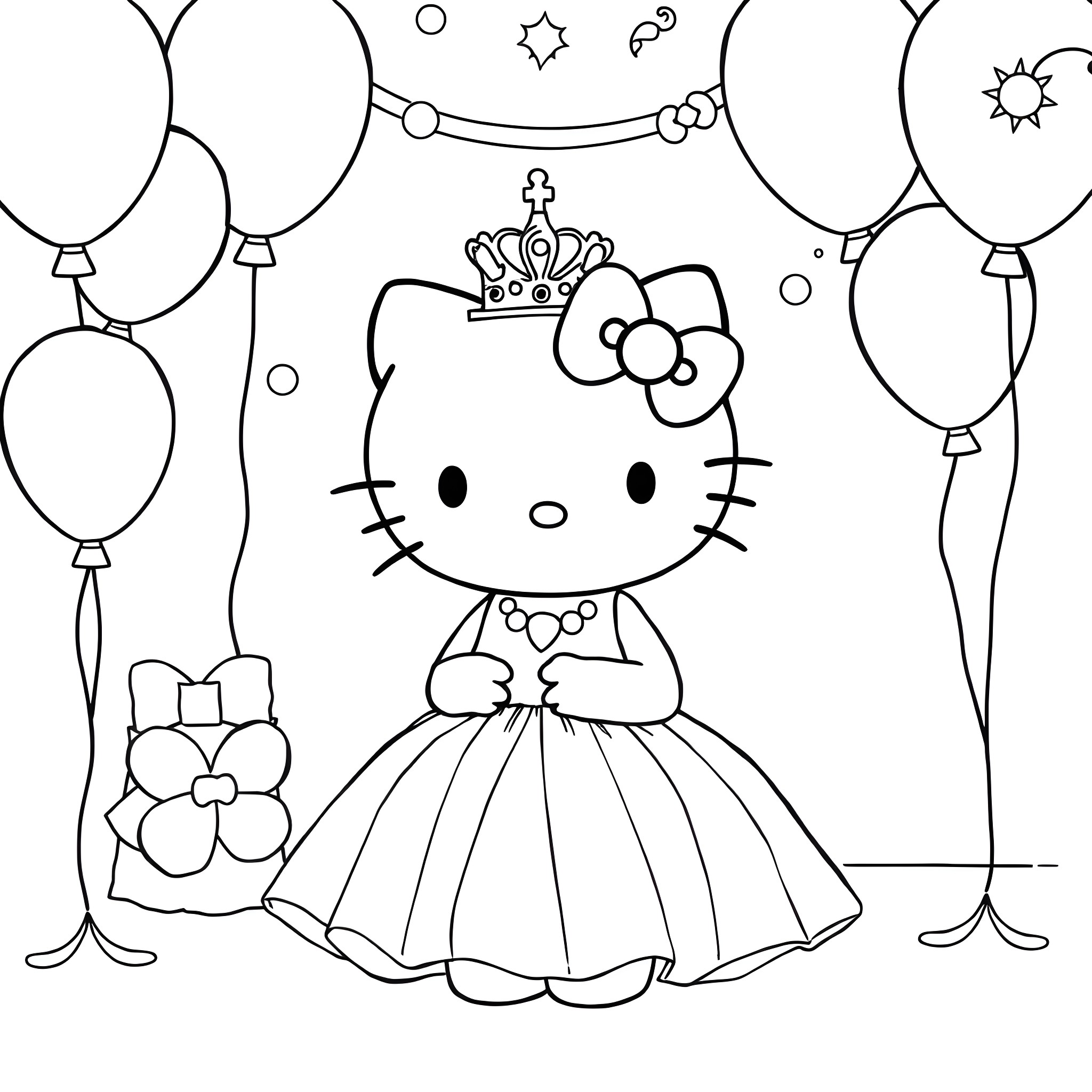 Hello Kitty dressed as a princess with balloons Coloring Page (free black-and-white line drawing printable PDF for all, from beginners to advanced learners, including children, teens, adults, and seniors)