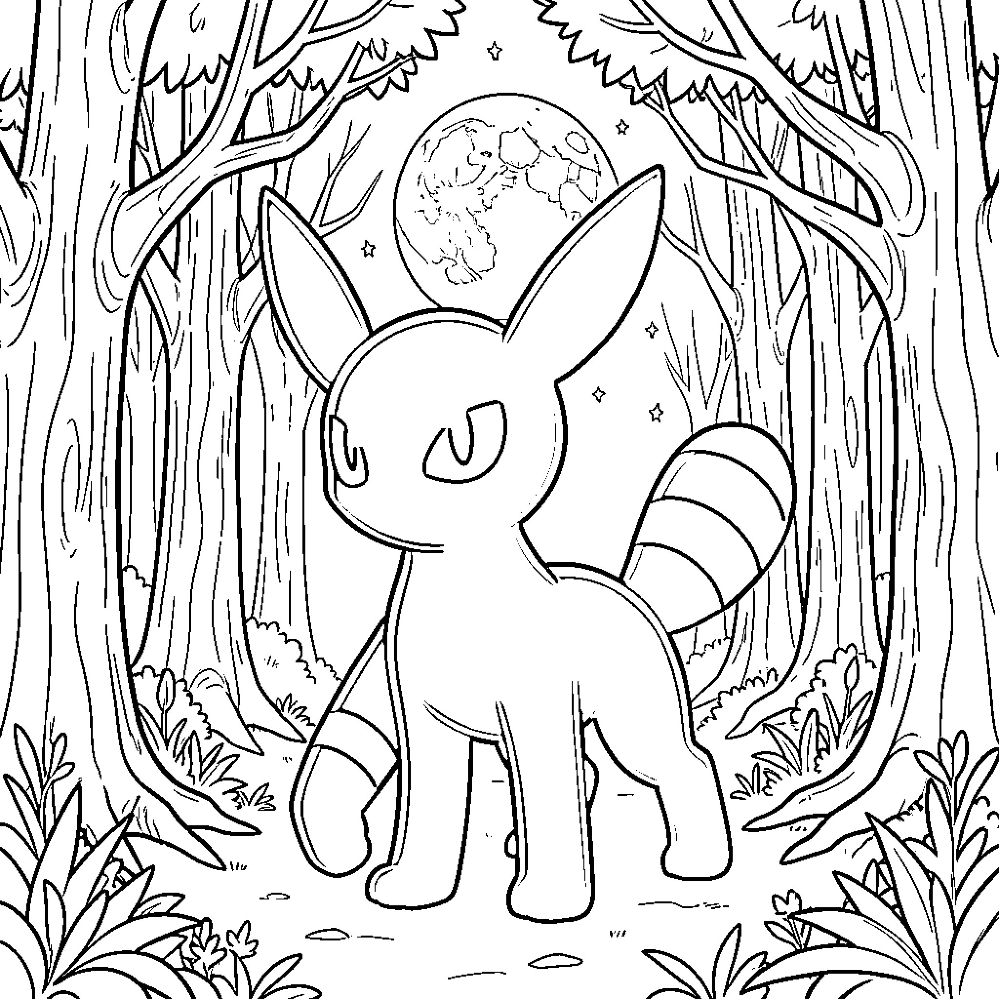 Umbreon exploring the enchanted forest Coloring Page (free black-and-white line drawing printable PDF for all, from beginners to advanced learners, including children, teens, adults, and seniors)